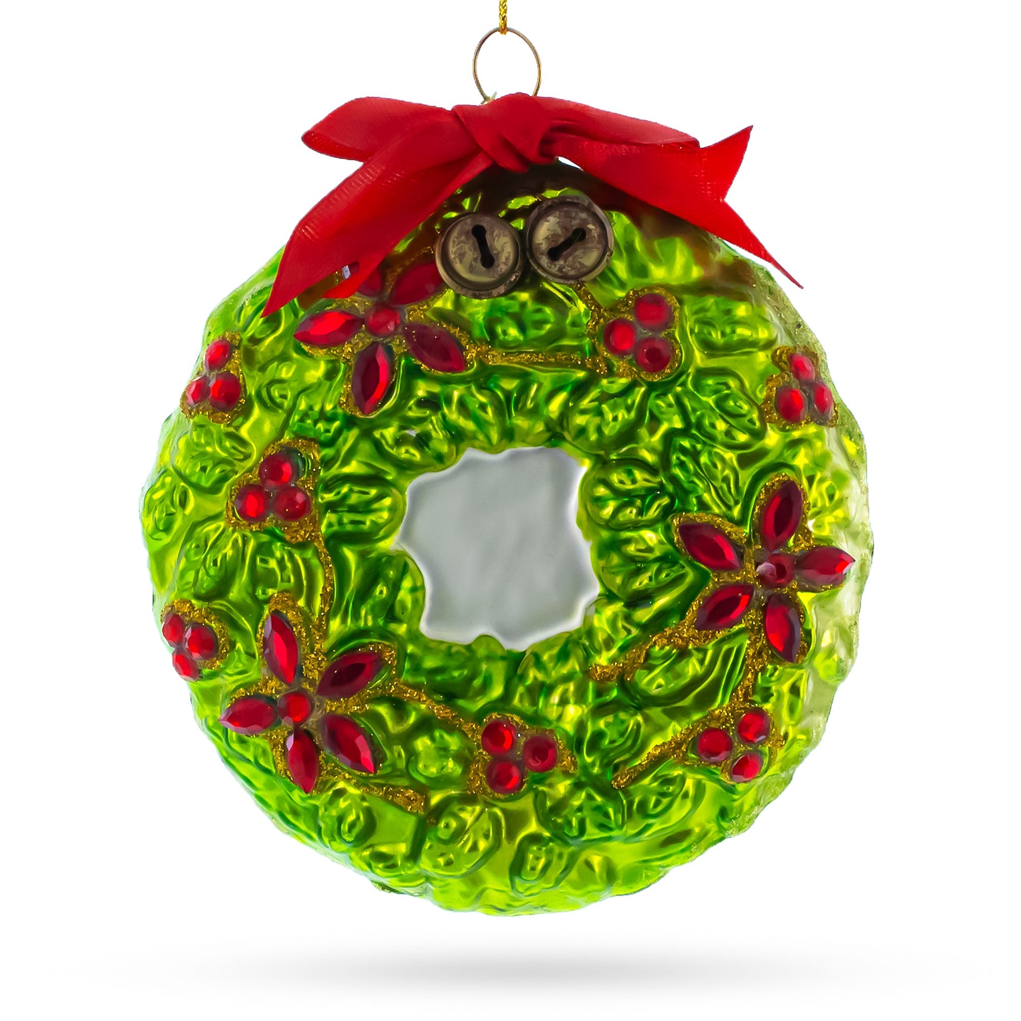 Holiday Wreath with Red Bow and Bells Glass Christmas Ornament