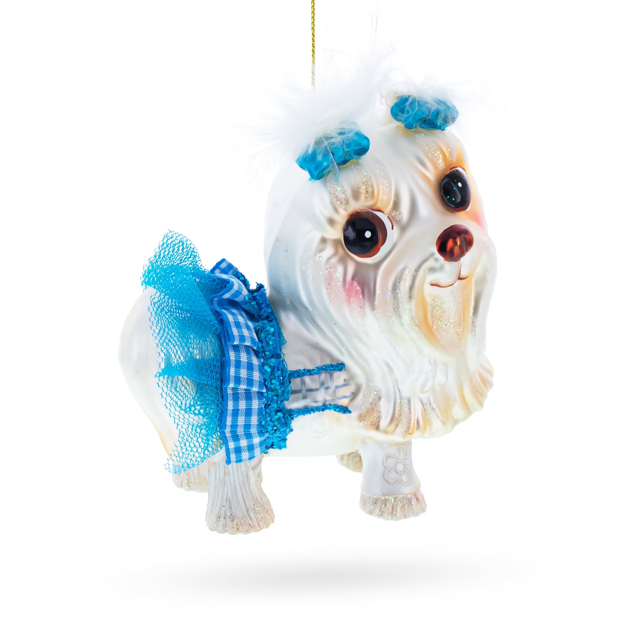 Maltese Dog in Blue Outfit Glass Christmas Ornament