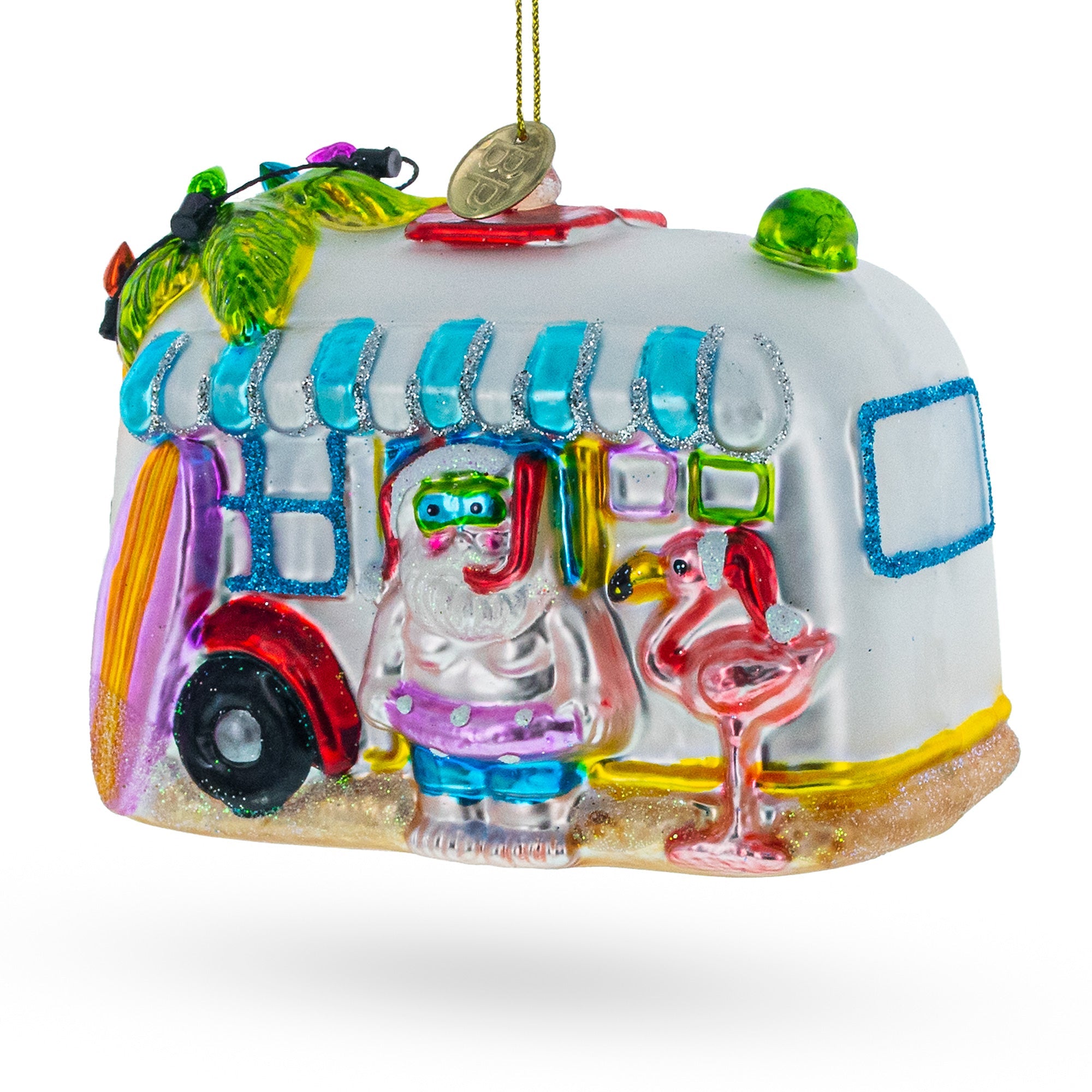 Snorkeling Santa in Camper Glass Christmas Ornament