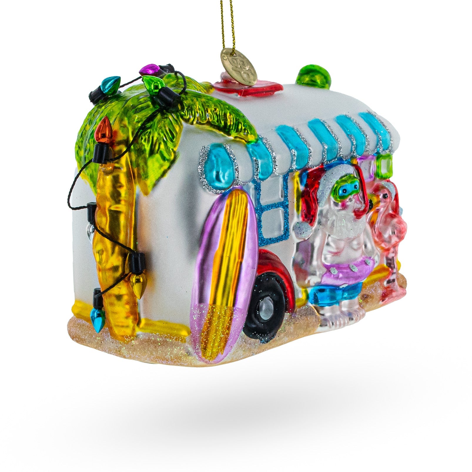 Snorkeling Santa in Camper Glass Christmas Ornament