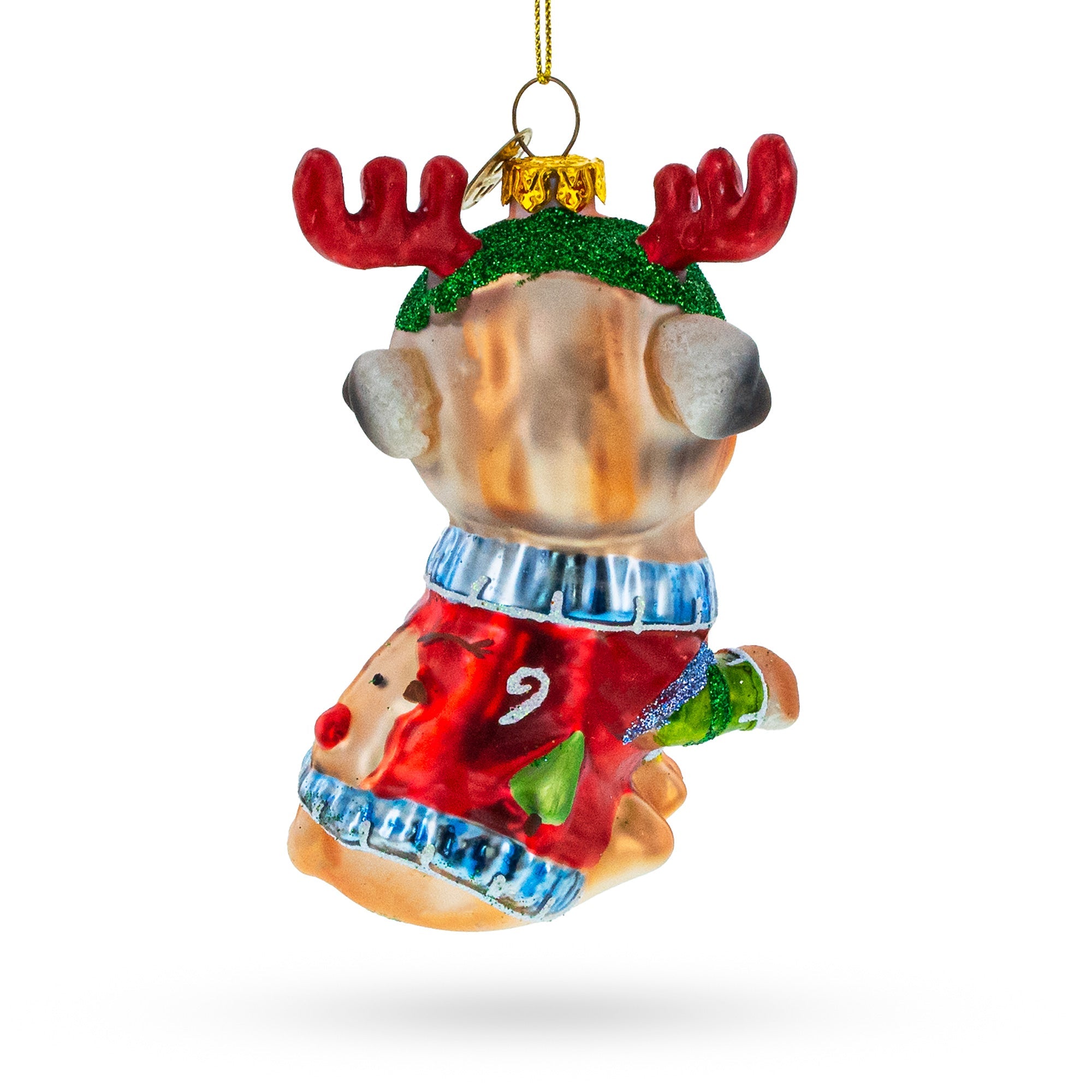 Pug Wearing Reindeer Antlers Glass Christmas Ornament