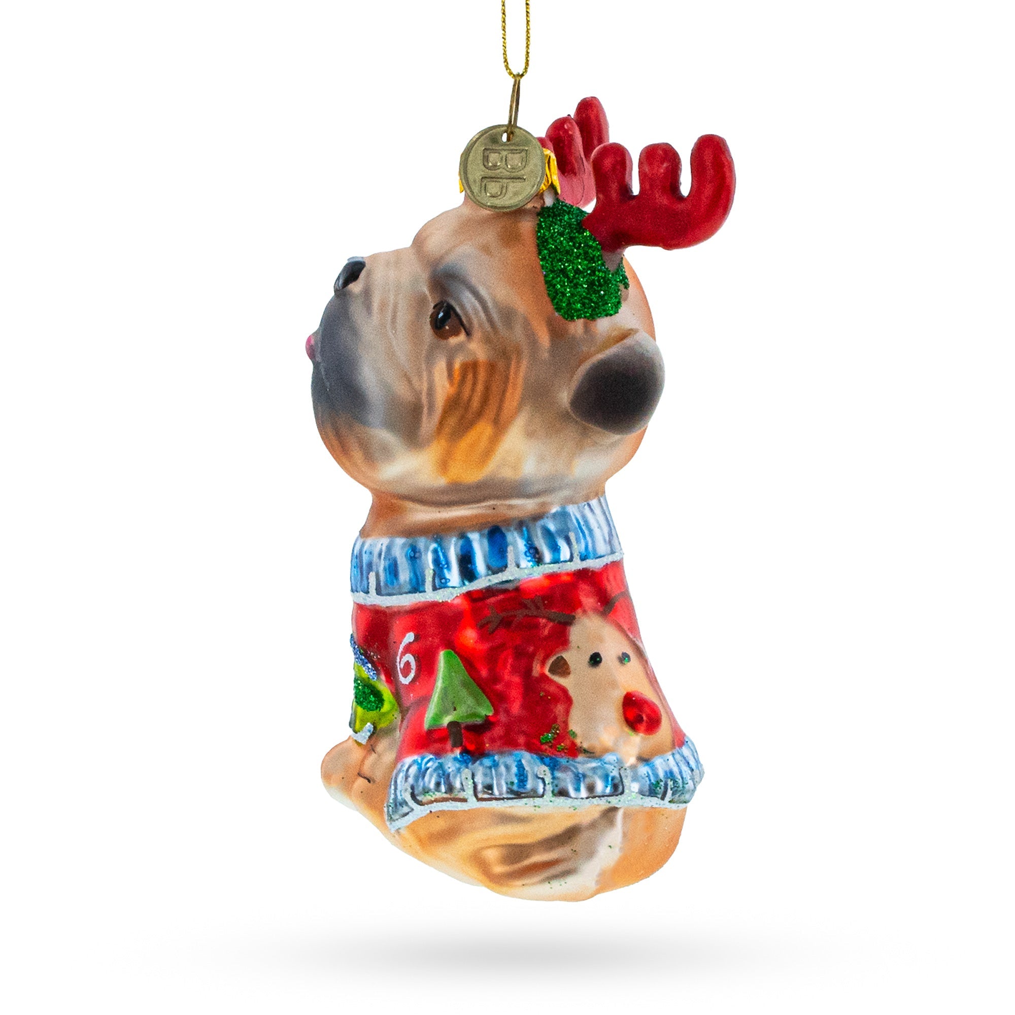 Pug Wearing Reindeer Antlers Glass Christmas Ornament