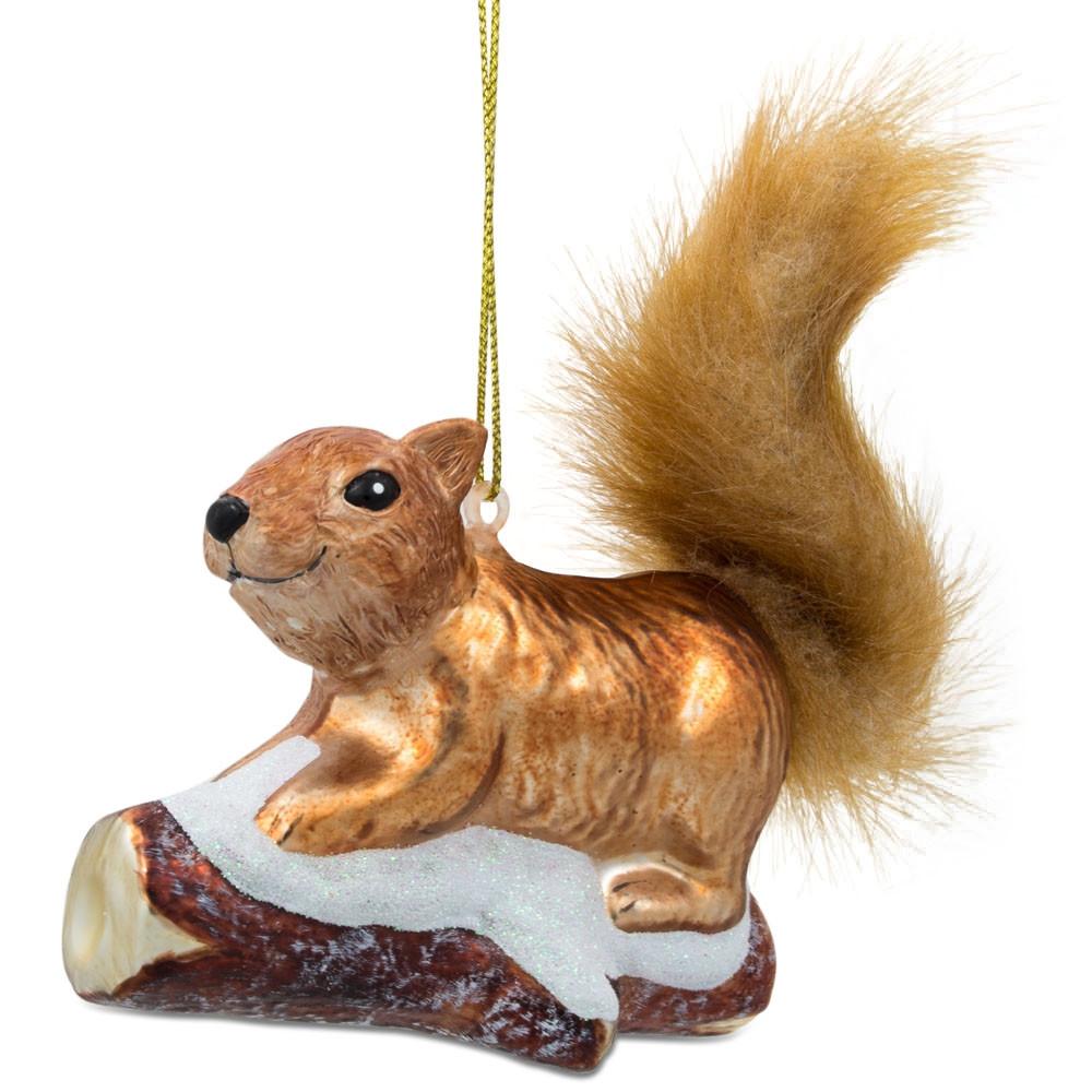 Squirrel on Snowy Branch Glass Christmas Ornament