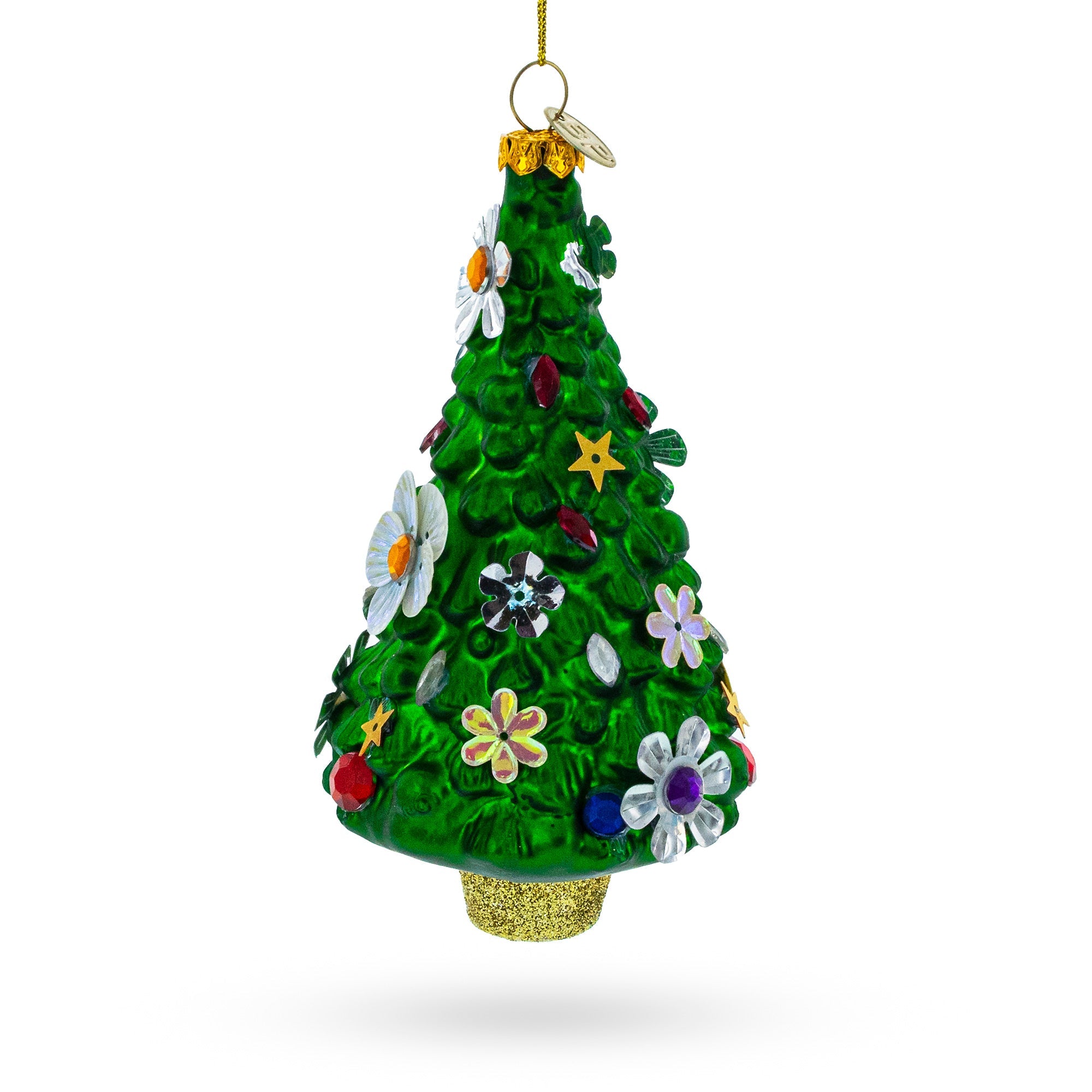 Blossom-Adorned Christmas Tree Glass Ornament