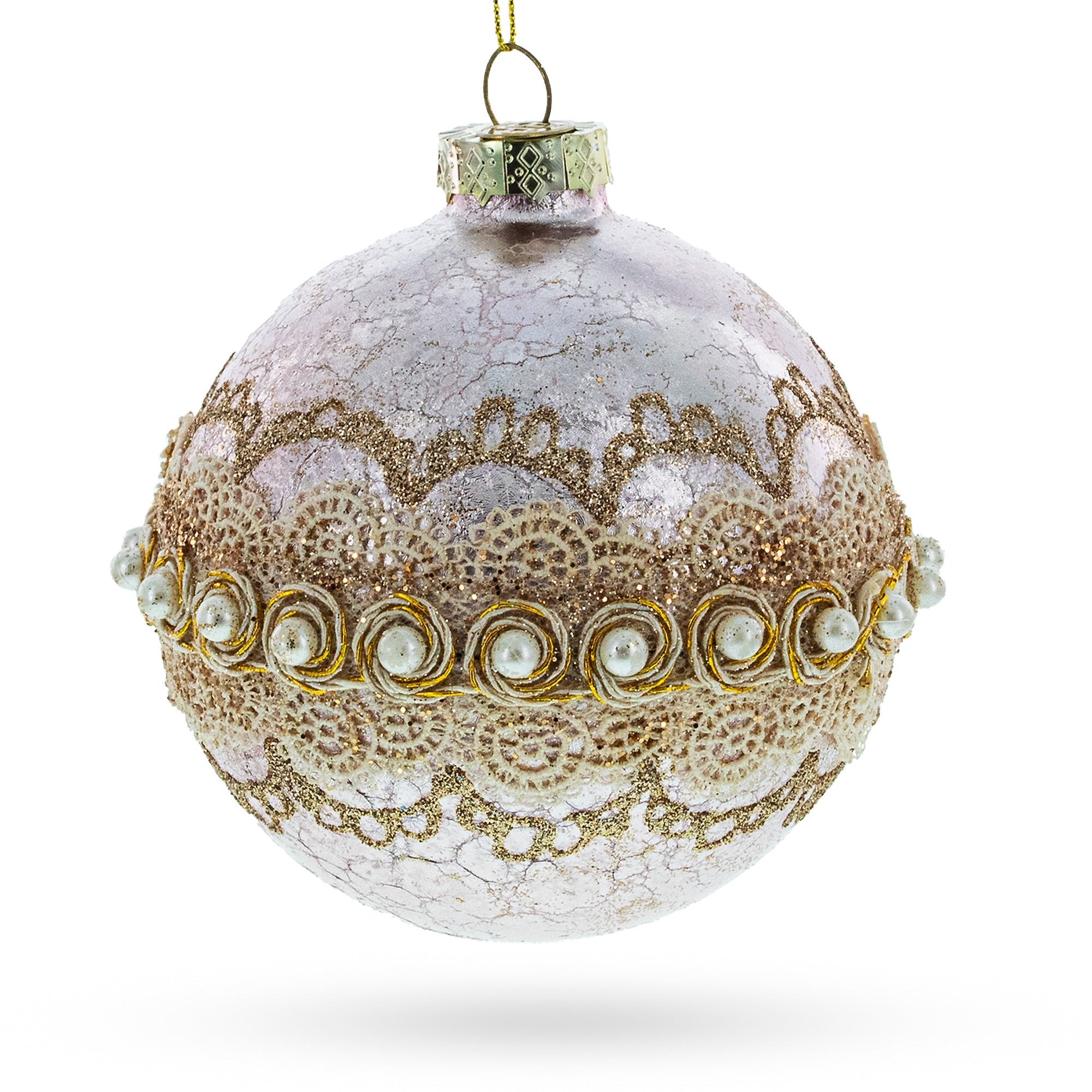 Lace-Adorned Pink Glass Egg Christmas Ornament