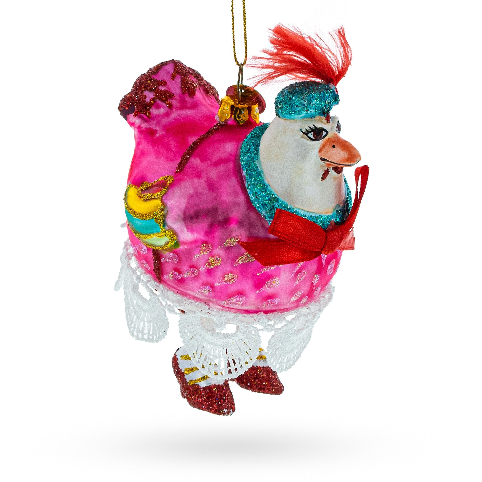 Hen in Dress Glass Christmas Ornament
