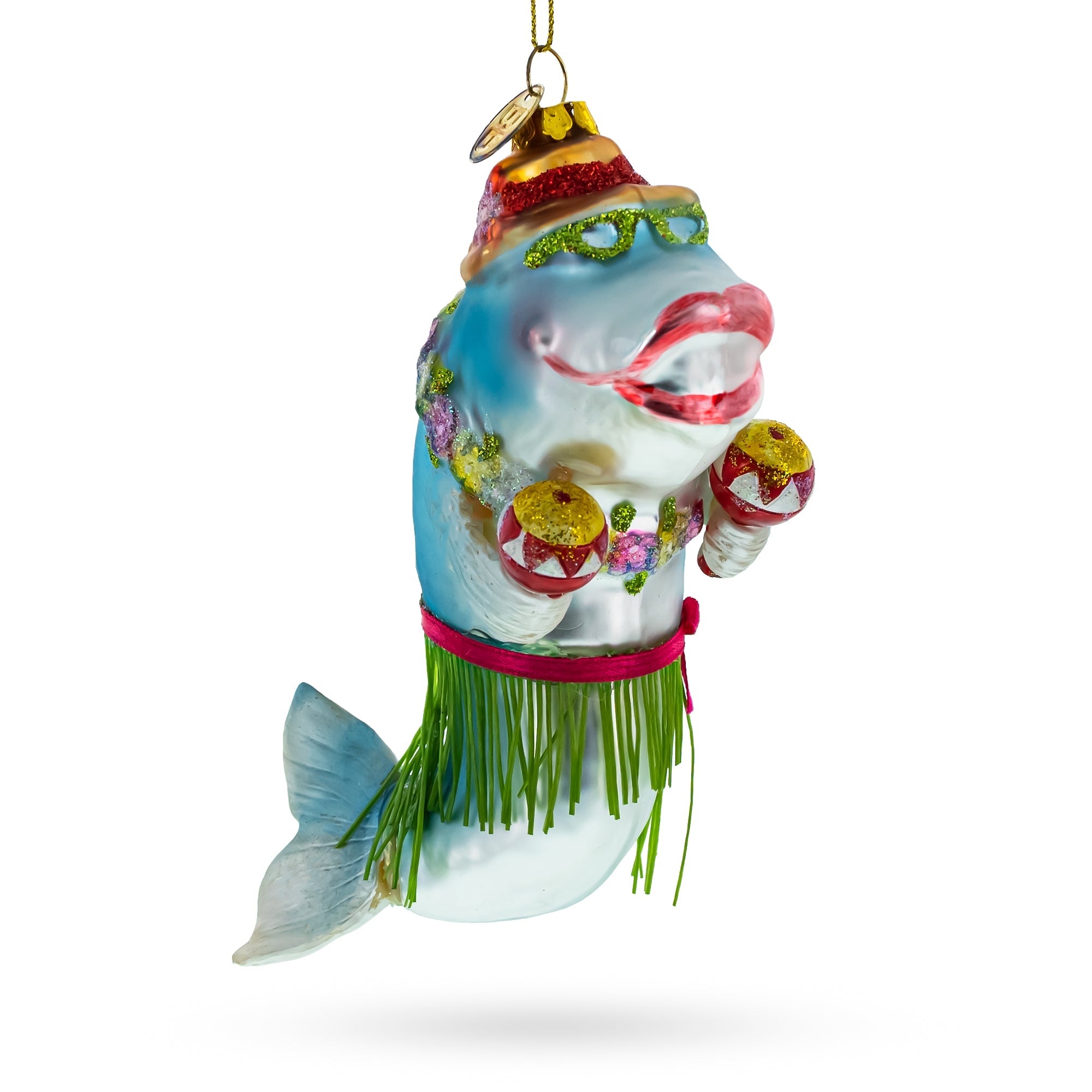 Hawaiian Shark with Maracas Glass Christmas Ornament