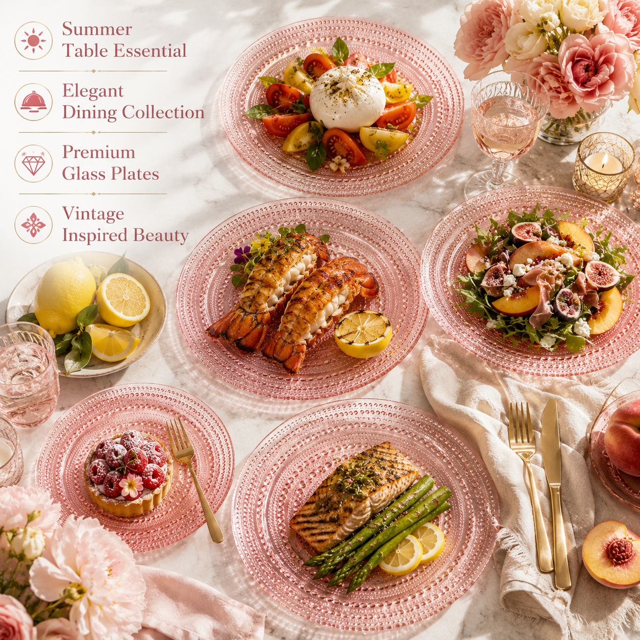 Blush Pink Hobnail Glass Dinner Plates, Set of 4, 10.6-Inch