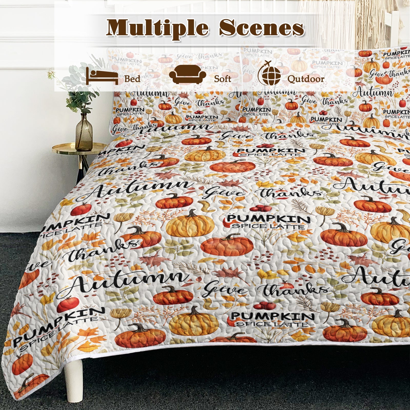 3pcs Pumpkin Autumn Leaves Design Quilt Set All Seasons Bedding Quilt Bed Set With 2 Pillowcases For Kids Teens Adults Bedroom