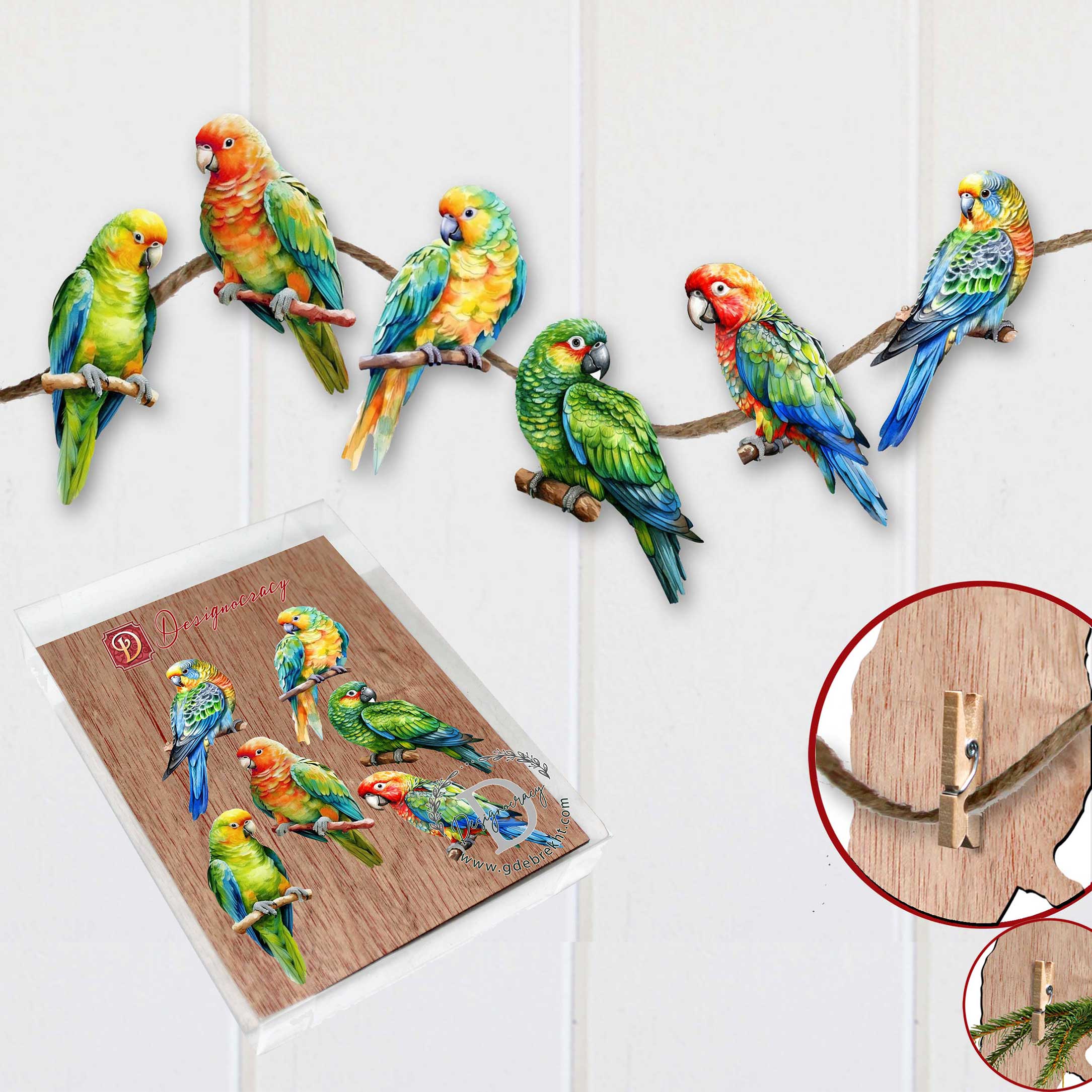Parrots Clip-On Eco Wood Decorative Ornaments Set of 6 by G. Debrekht - Christmas Decor - 8090013C-S6