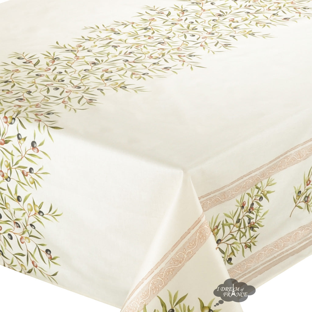 60x120" Rect Clos des Oliviers Cream Double Border Acrylic-Coated Cotton Tablecloth by Label France