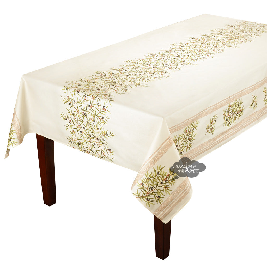 60x120" Rect Clos des Oliviers Cream Double Border Acrylic-Coated Cotton Tablecloth by Label France
