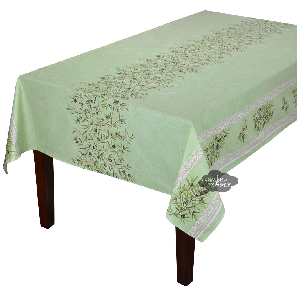 60x96" Rectangular Clos des Oliviers Green Double Border Acylic-Coated Cotton Tablecloth by Label France