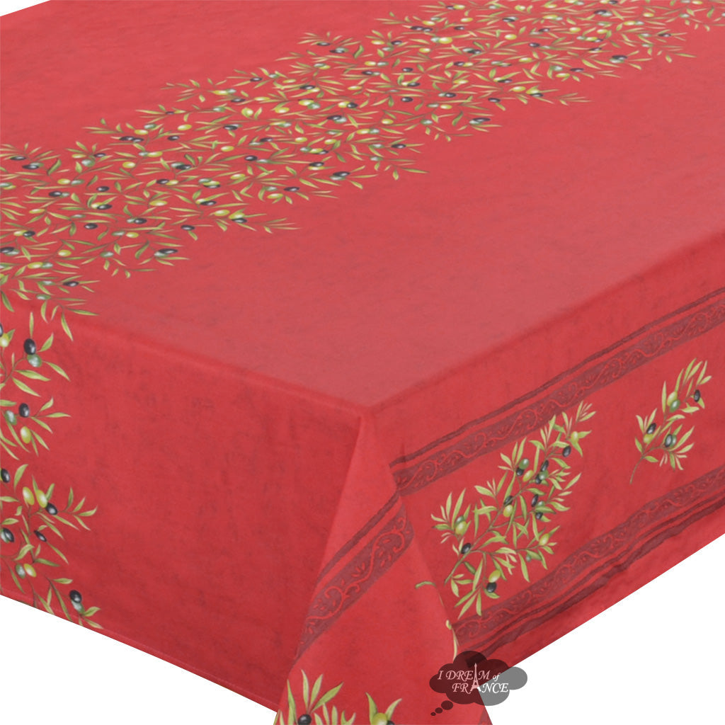 60x120" Rect Clos des Oliviers Red Acrylic-Coated Cotton Double Border Tablecloth by Label France