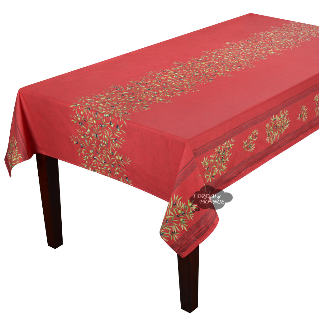 60x120" Rect Clos des Oliviers Red Acrylic-Coated Cotton Double Border Tablecloth by Label France