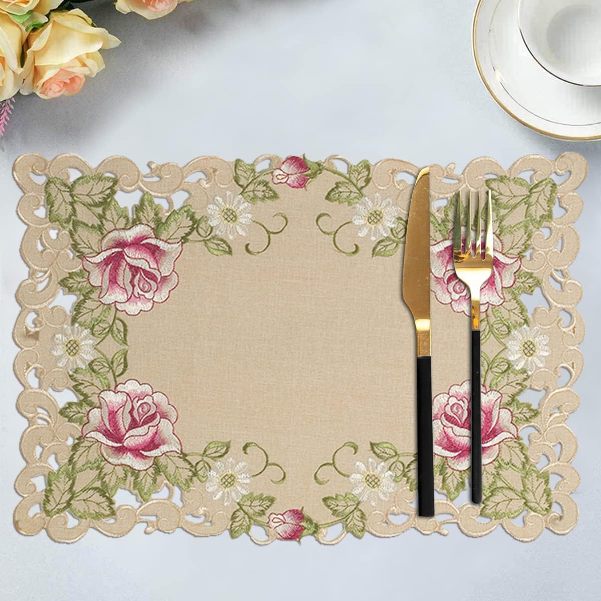 Beige Placemats – European Embroidery, Set of 6