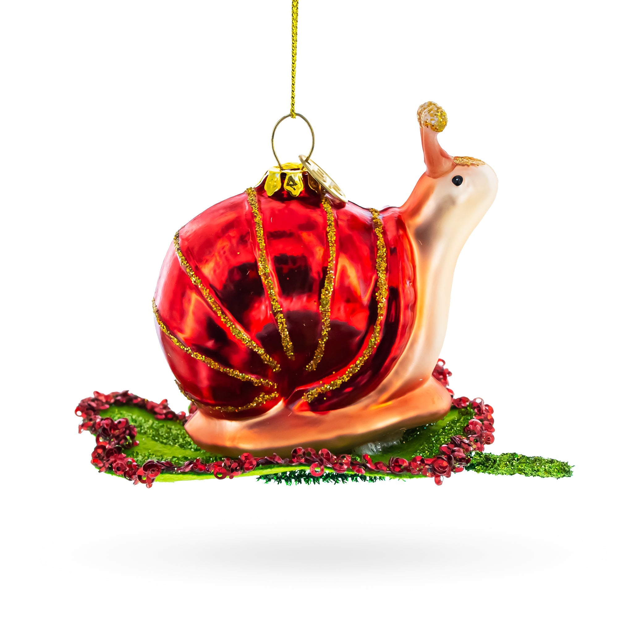 Snail Perched on a Green Leaf Glass Christmas Ornament