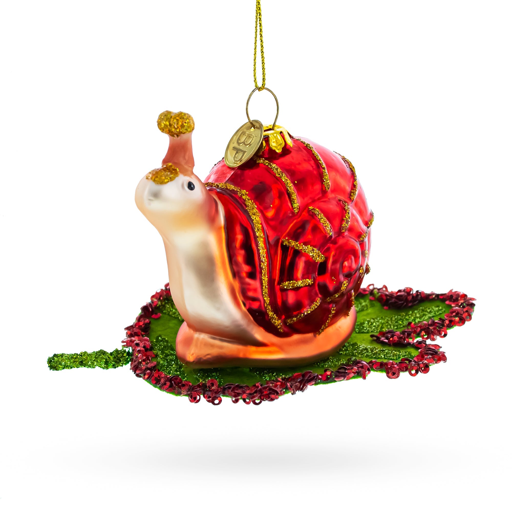 Snail Perched on a Green Leaf Glass Christmas Ornament