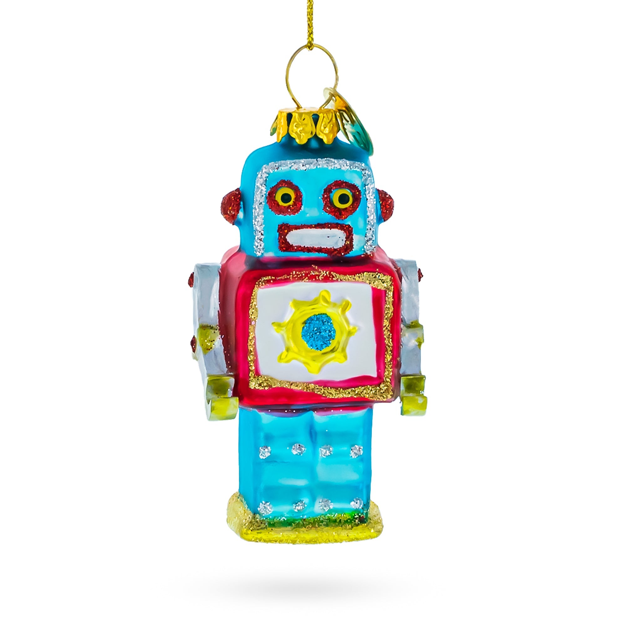 Quirky Square-Headed Robot Glass Christmas Ornament