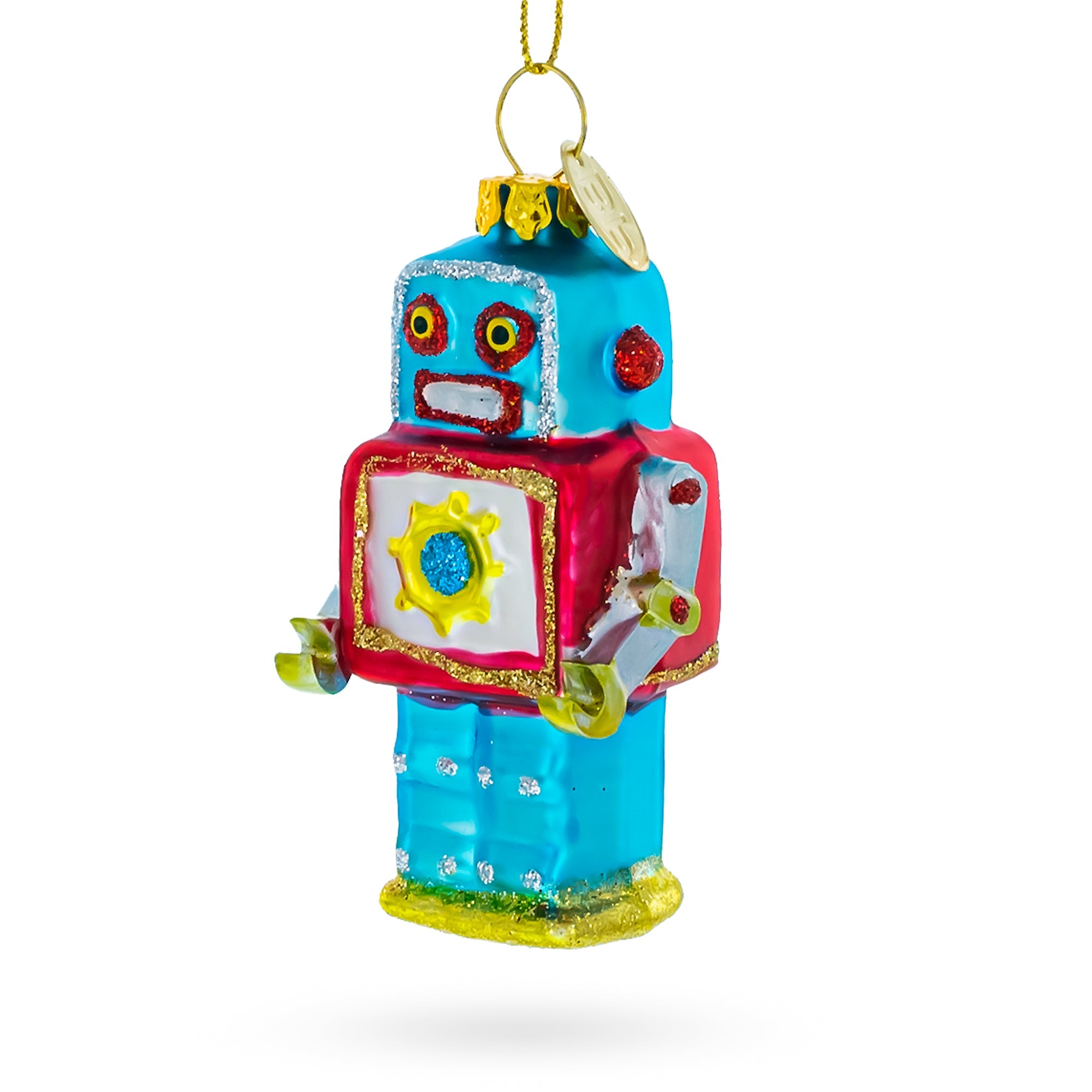 Quirky Square-Headed Robot Glass Christmas Ornament