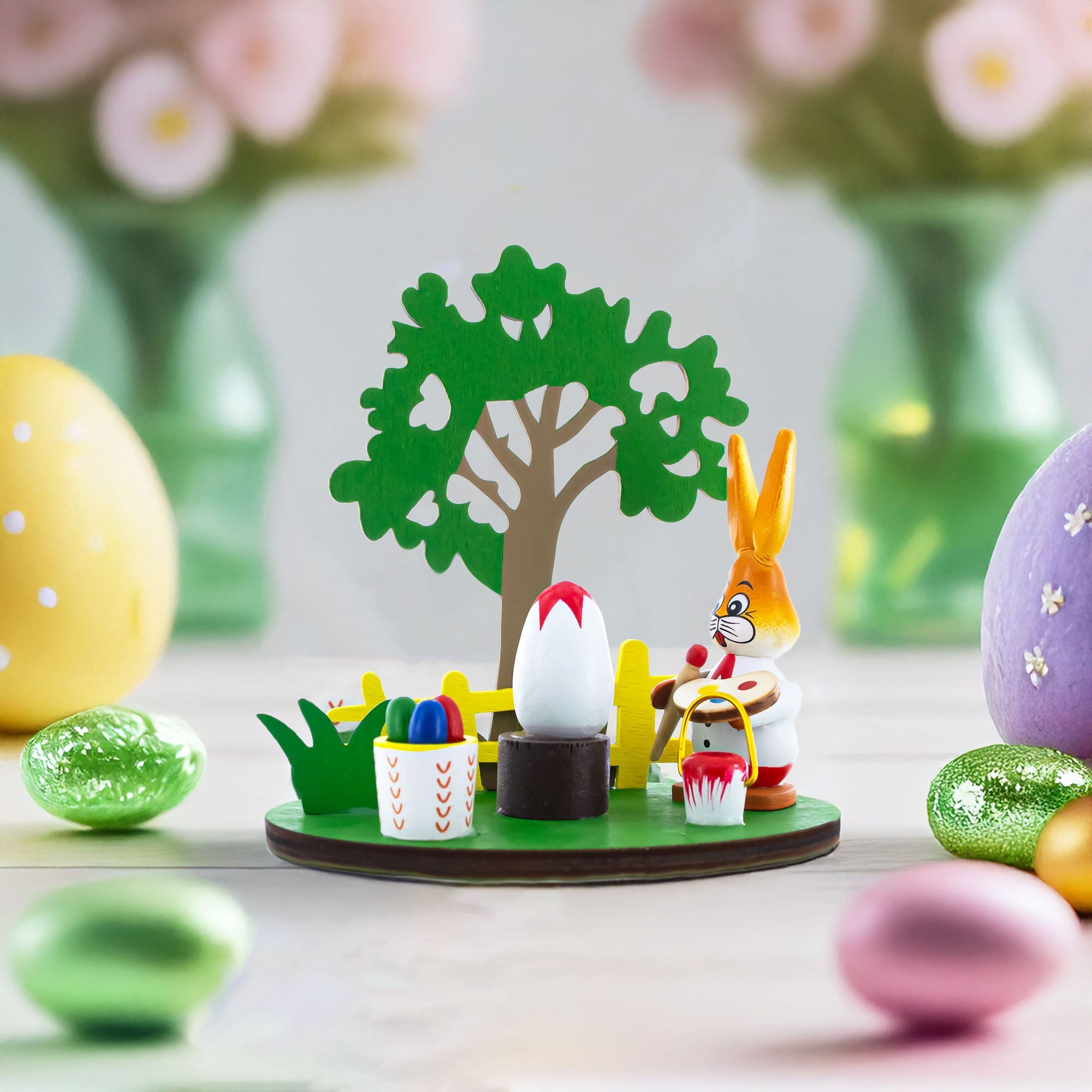 Wooden Bunny Figurine Decorating Easter Eggs Tabletop Scene 4.2 Inches Tall