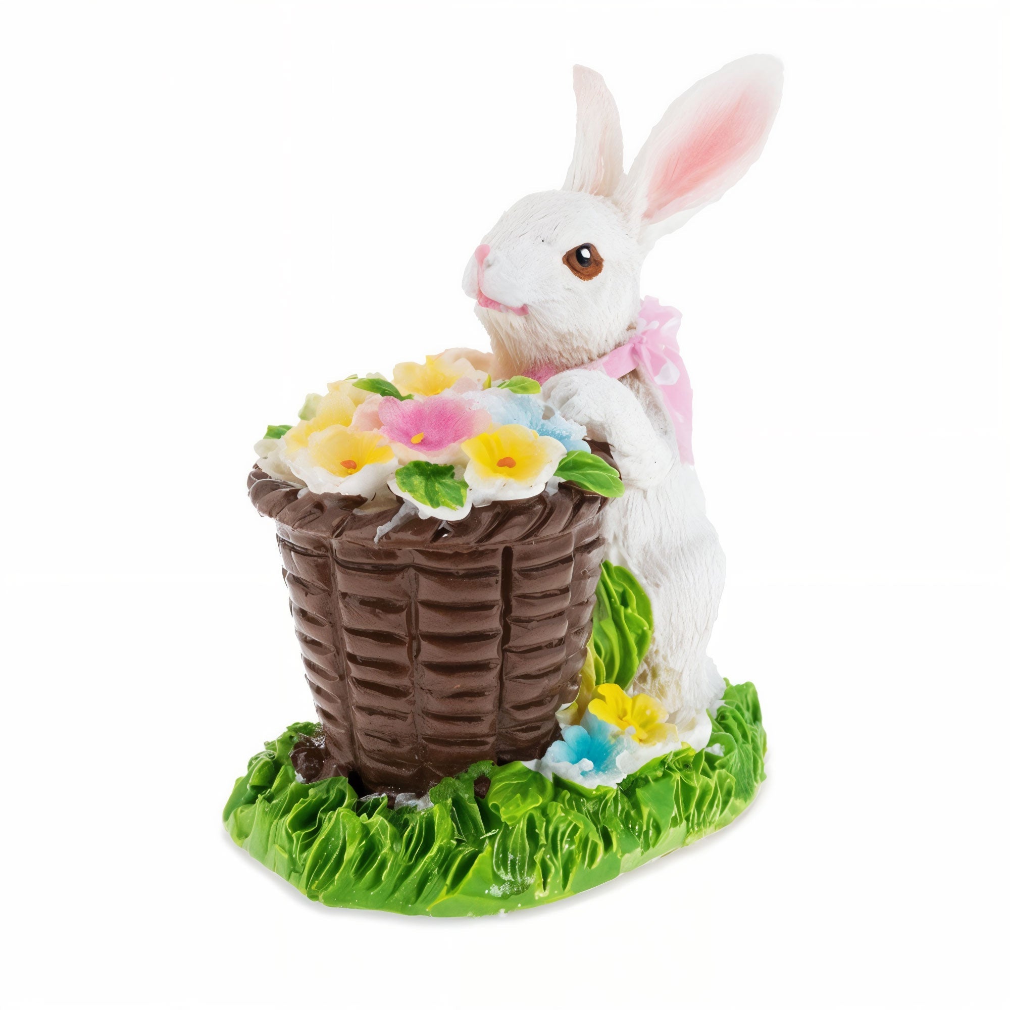 Spring Bunny Figurine With Floral Basket Easter Tabletop Accent 3 Inches Tall