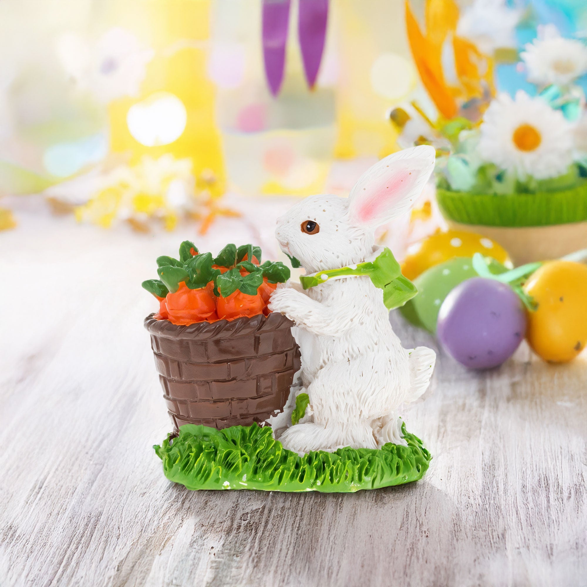 Bunny With Easter Basket Filled With Carrots Tabletop Figurine 3 Inches Tall
