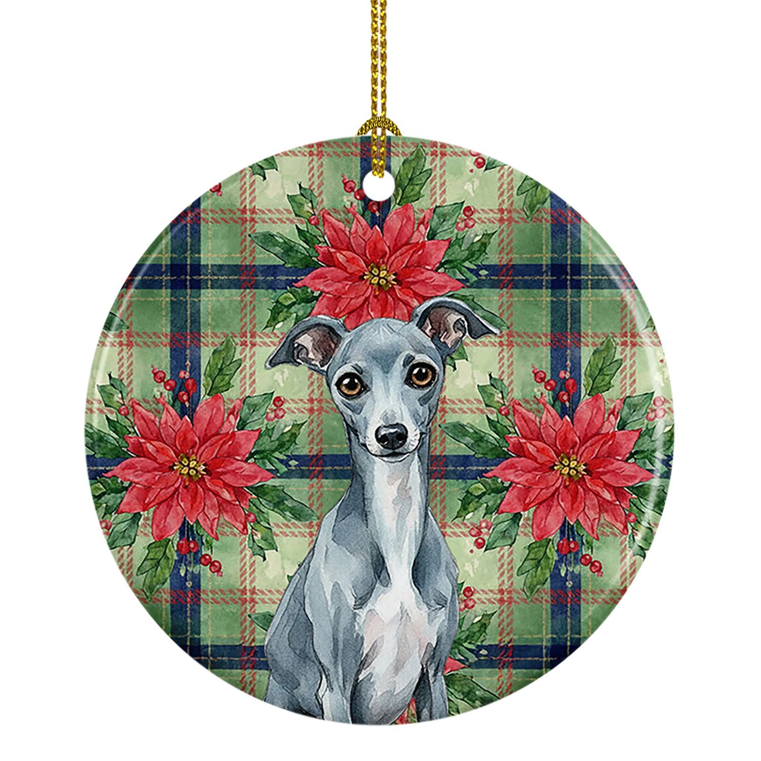 Blue Italian Greyhound Christmas PoinsettIas Ceramic Ornament Christmas Tree Hanging Decorations for Home Christmas Holiday, Par