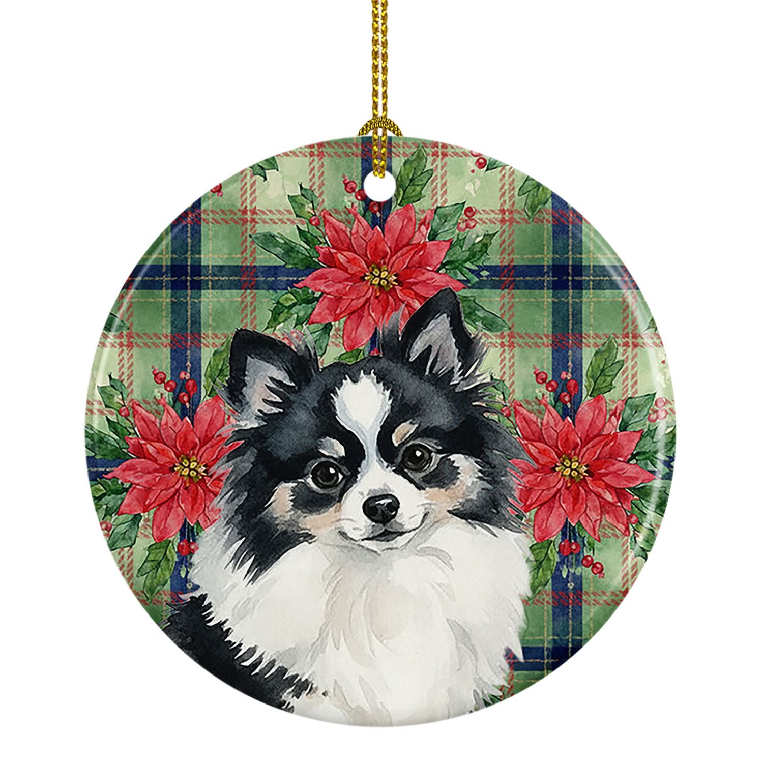 Black and White Pomeranian Christmas PoinsettIas Ceramic Ornament Christmas Tree Hanging Decorations for Home Christmas Holiday,