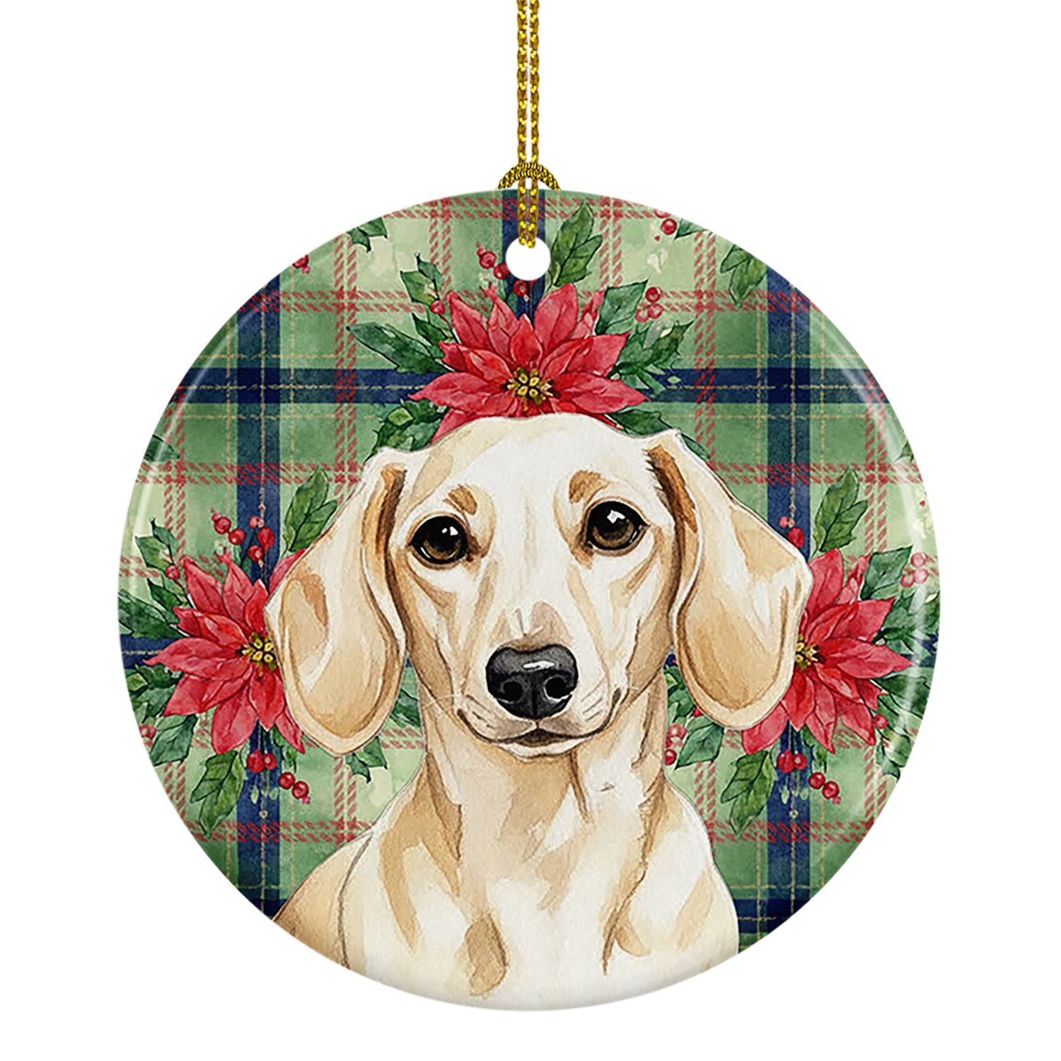 Cream Dachshund Christmas PoinsettIas Ceramic Ornament Christmas Tree Hanging Decorations for Home Christmas Holiday, Party, Gif