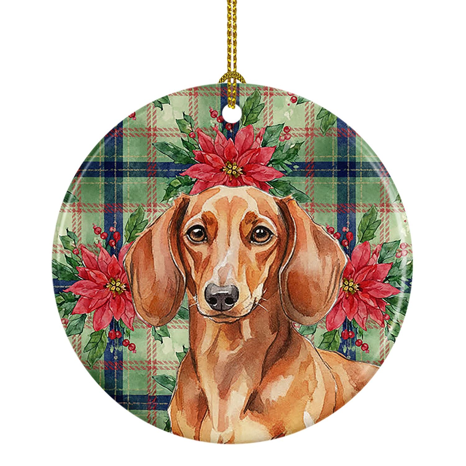Red Brown Dachshund Christmas PoinsettIas Ceramic Ornament Christmas Tree Hanging Decorations for Home Christmas Holiday, Party,