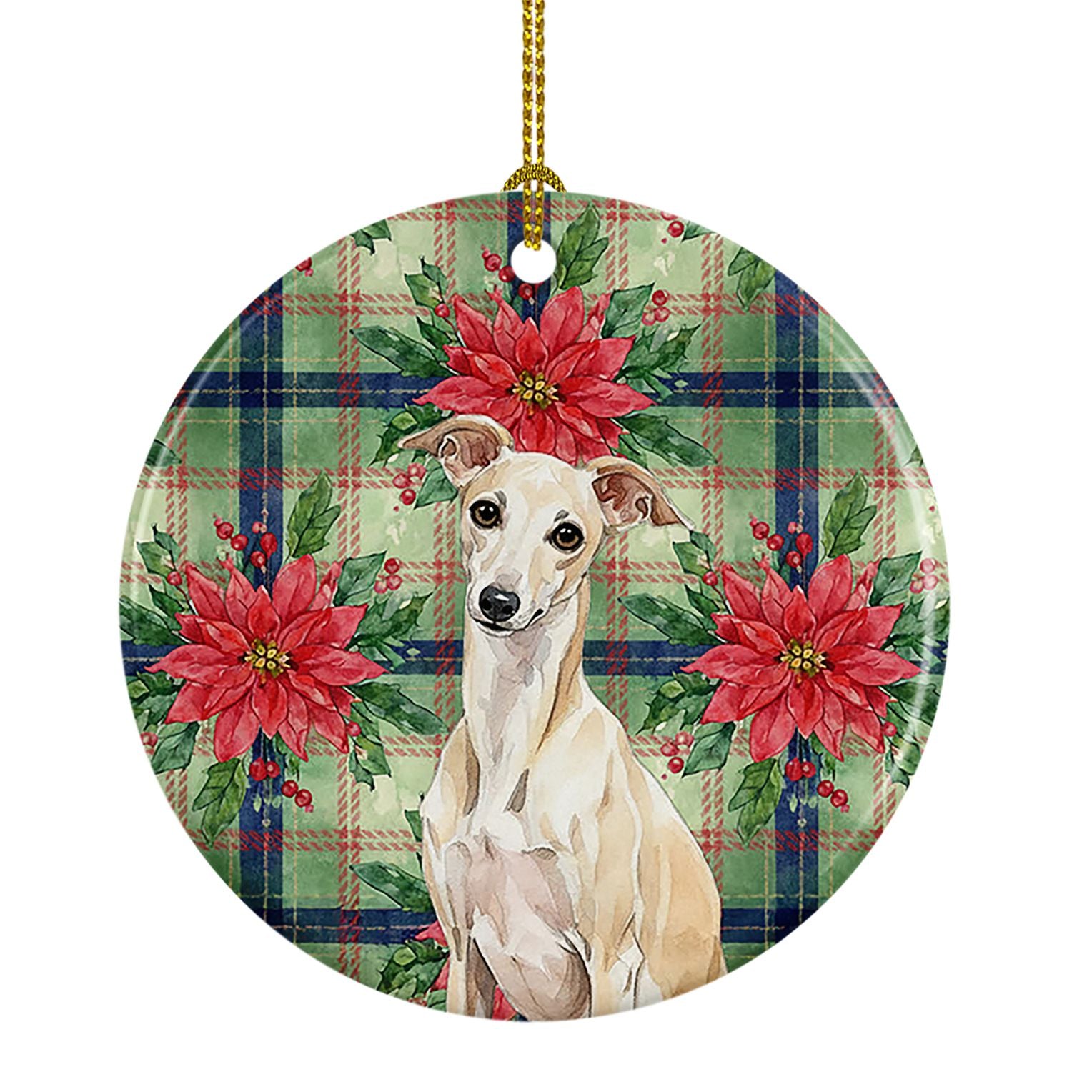 Cream Italian Greyhound Christmas PoinsettIas Ceramic Ornament Christmas Tree Hanging Decorations for Home Christmas Holiday, Pa