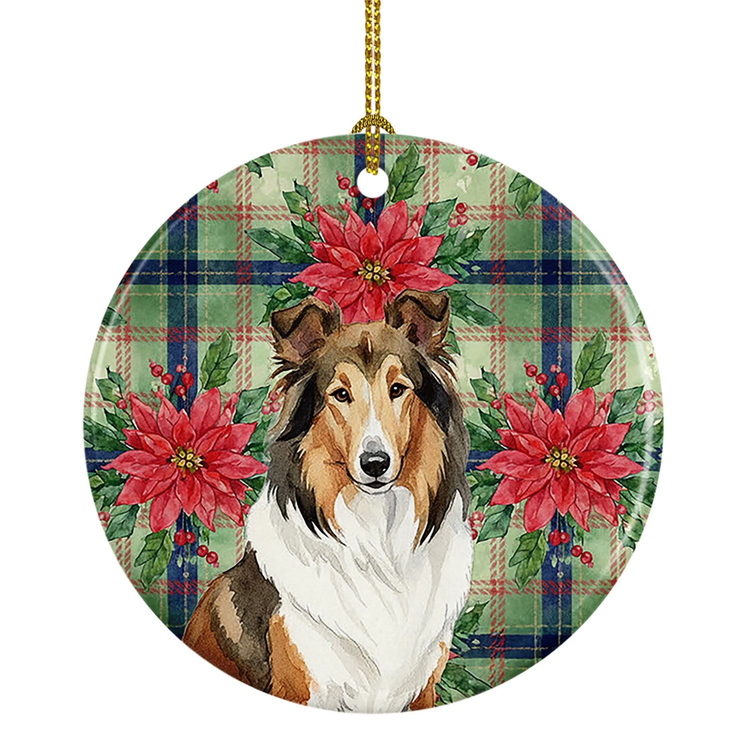 Sable Collie Christmas PoinsettIas Ceramic Ornament Christmas Tree Hanging Decorations for Home Christmas Holiday, Party, Gift, 