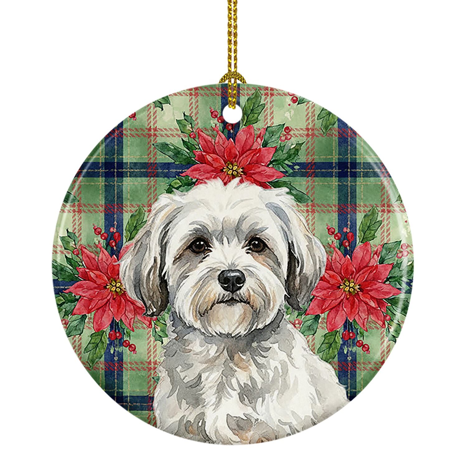 White with Gray Coton de Tulear Christmas PoinsettIas Ceramic Ornament Christmas Tree Hanging Decorations for Home Christmas Hol