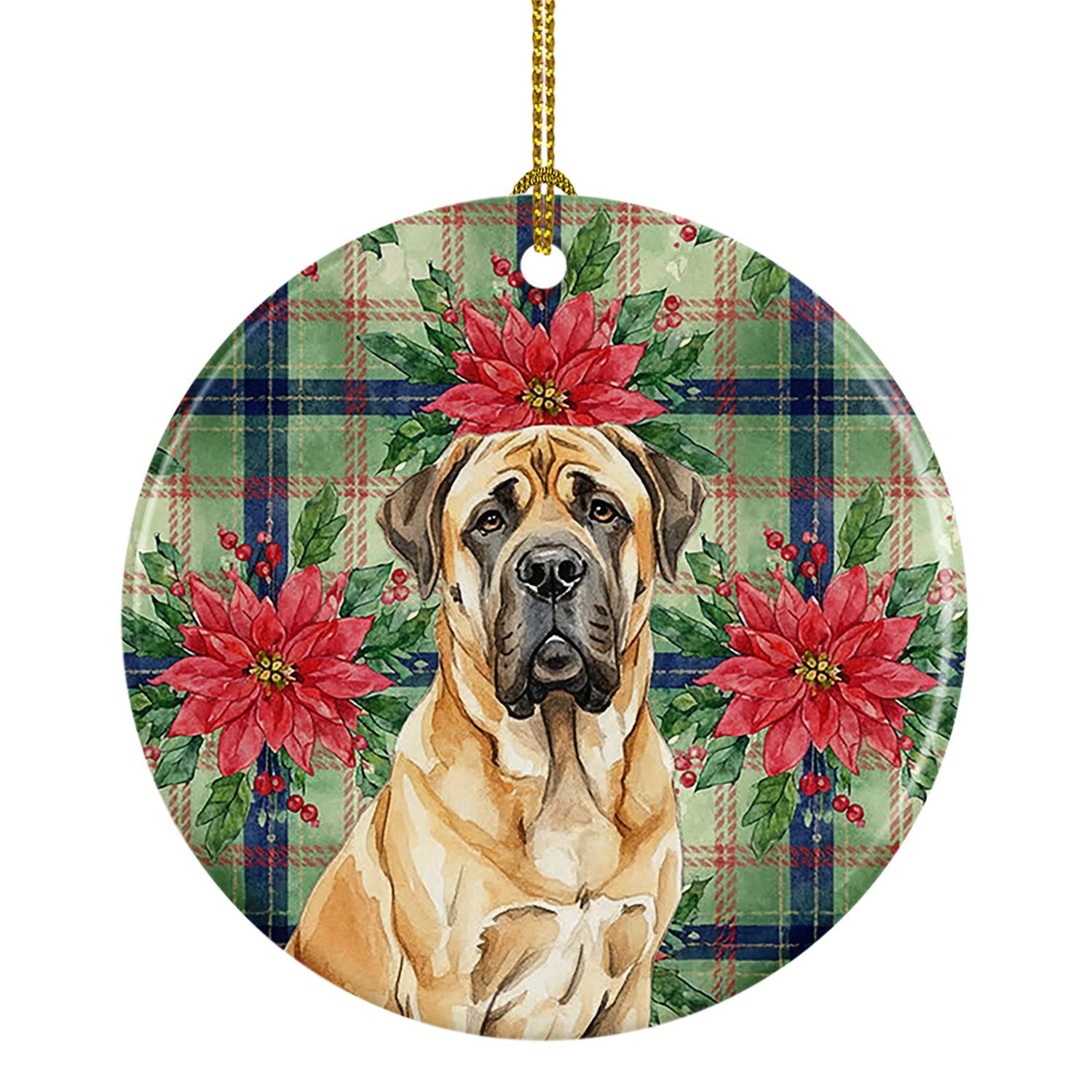 Fawn English Mastiff Christmas PoinsettIas Ceramic Ornament Christmas Tree Hanging Decorations for Home Christmas Holiday, Party