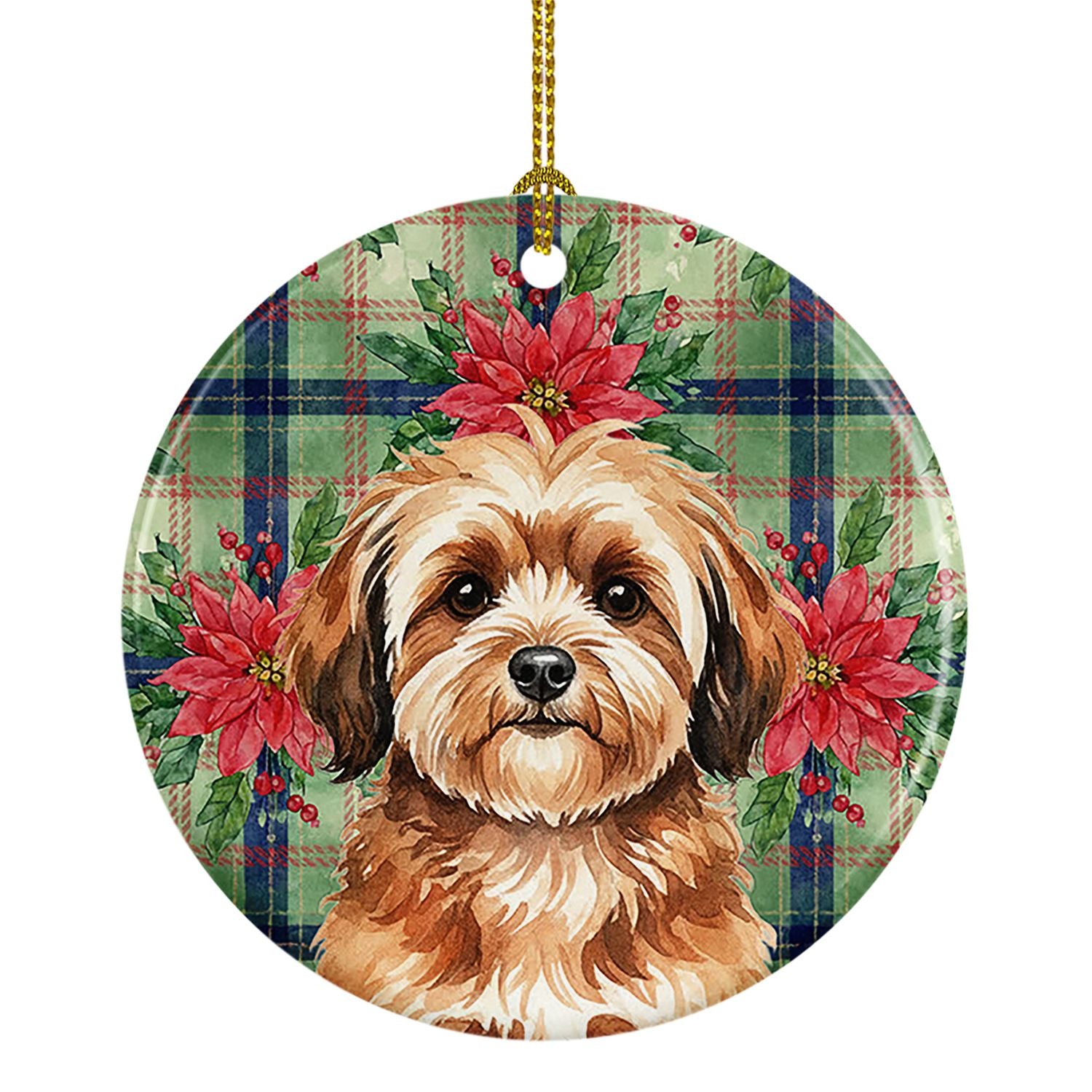 Sable Havanese Christmas PoinsettIas Ceramic Ornament Christmas Tree Hanging Decorations for Home Christmas Holiday, Party, Gift