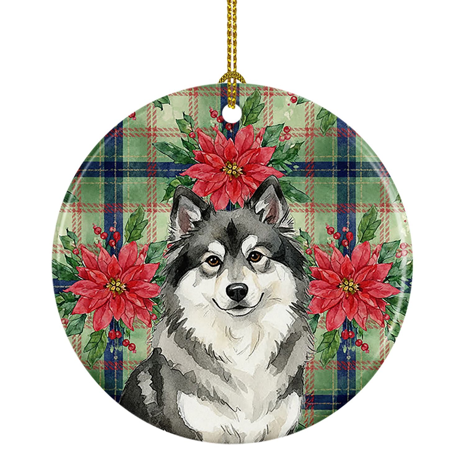 Keeshond Christmas PoinsettIas Ceramic Ornament Christmas Tree Hanging Decorations for Home Christmas Holiday, Party, Gift, 3 in