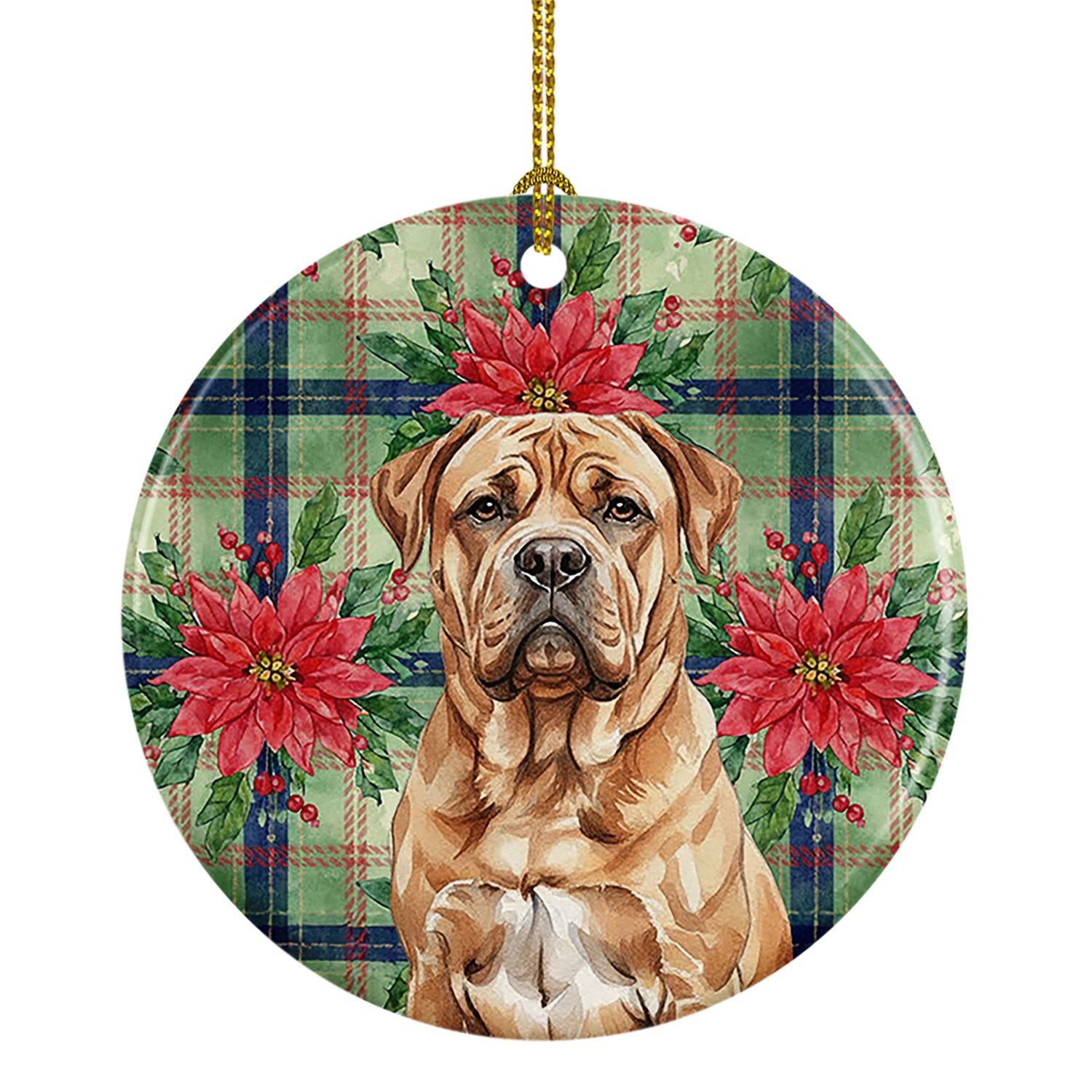 Dogue de Bordeaux Christmas PoinsettIas Ceramic Ornament Christmas Tree Hanging Decorations for Home Christmas Holiday, Party, G