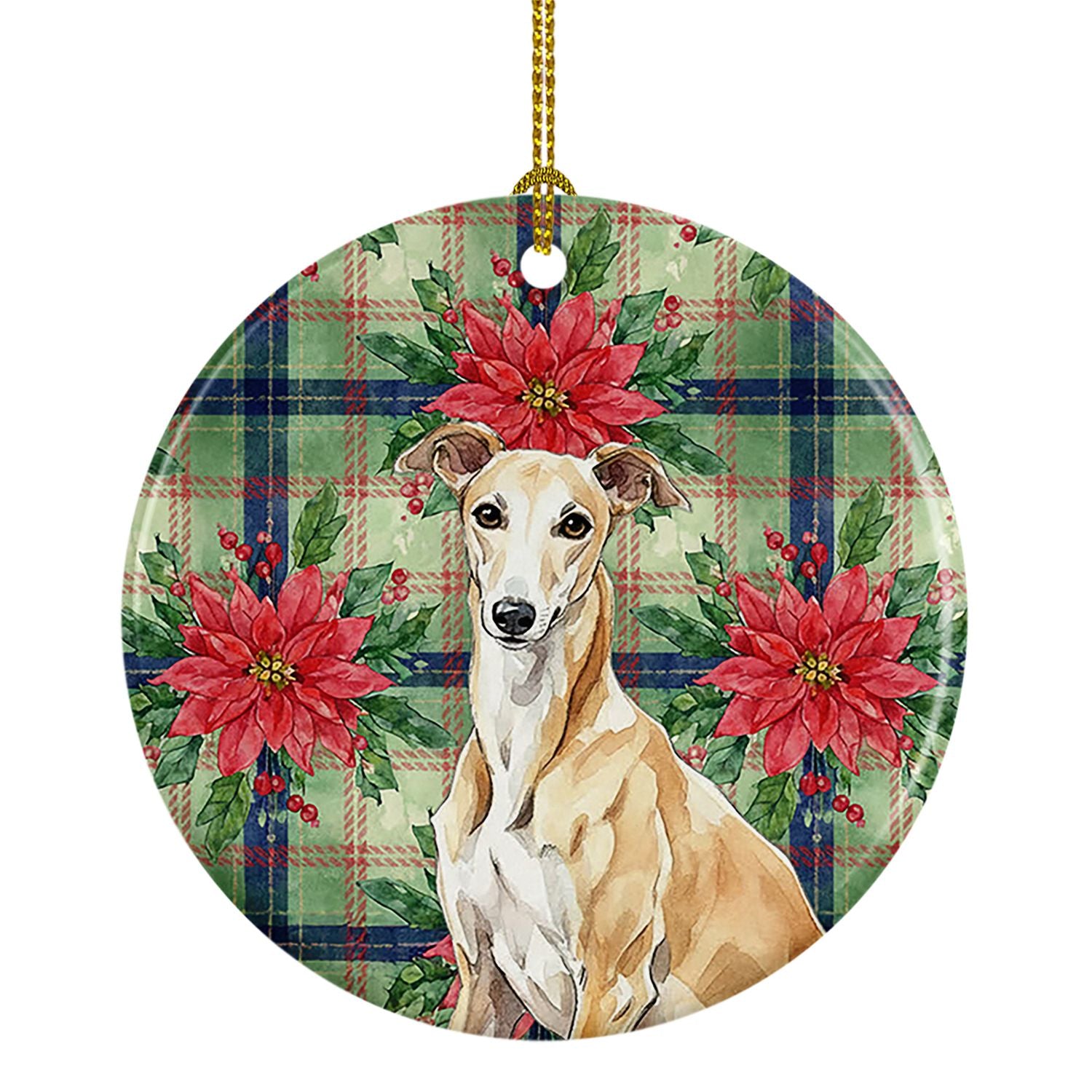 Fawn Greyhound Christmas PoinsettIas Ceramic Ornament Christmas Tree Hanging Decorations for Home Christmas Holiday, Party, Gift