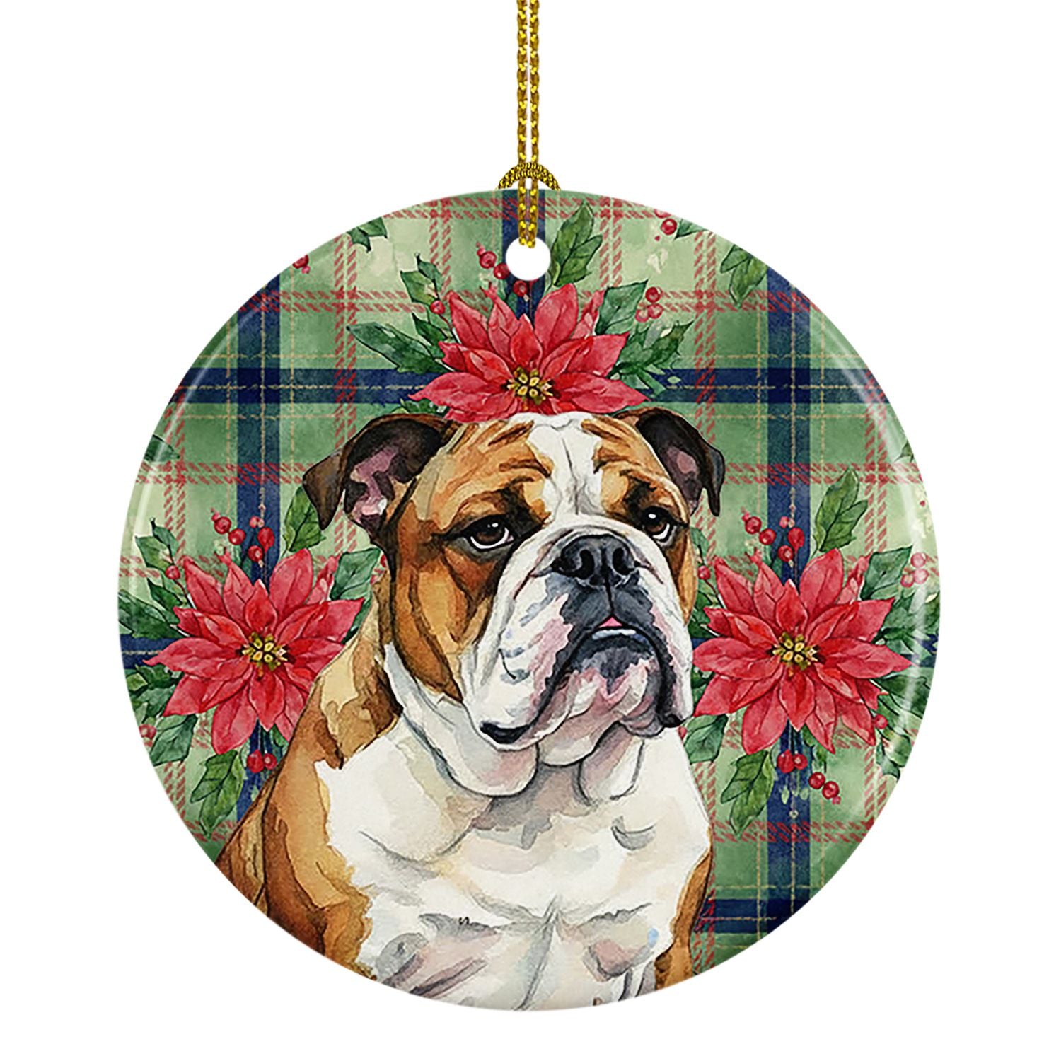 Brindle and White English Bulldog Christmas PoinsettIas Ceramic Ornament Christmas Tree Hanging Decorations for Home Christmas H
