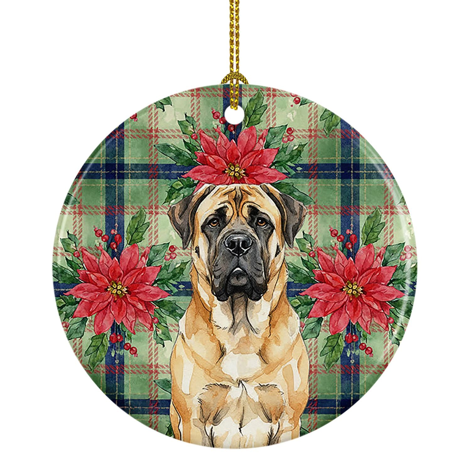 Fawn Mastiff Christmas PoinsettIas Ceramic Ornament Christmas Tree Hanging Decorations for Home Christmas Holiday, Party, Gift, 