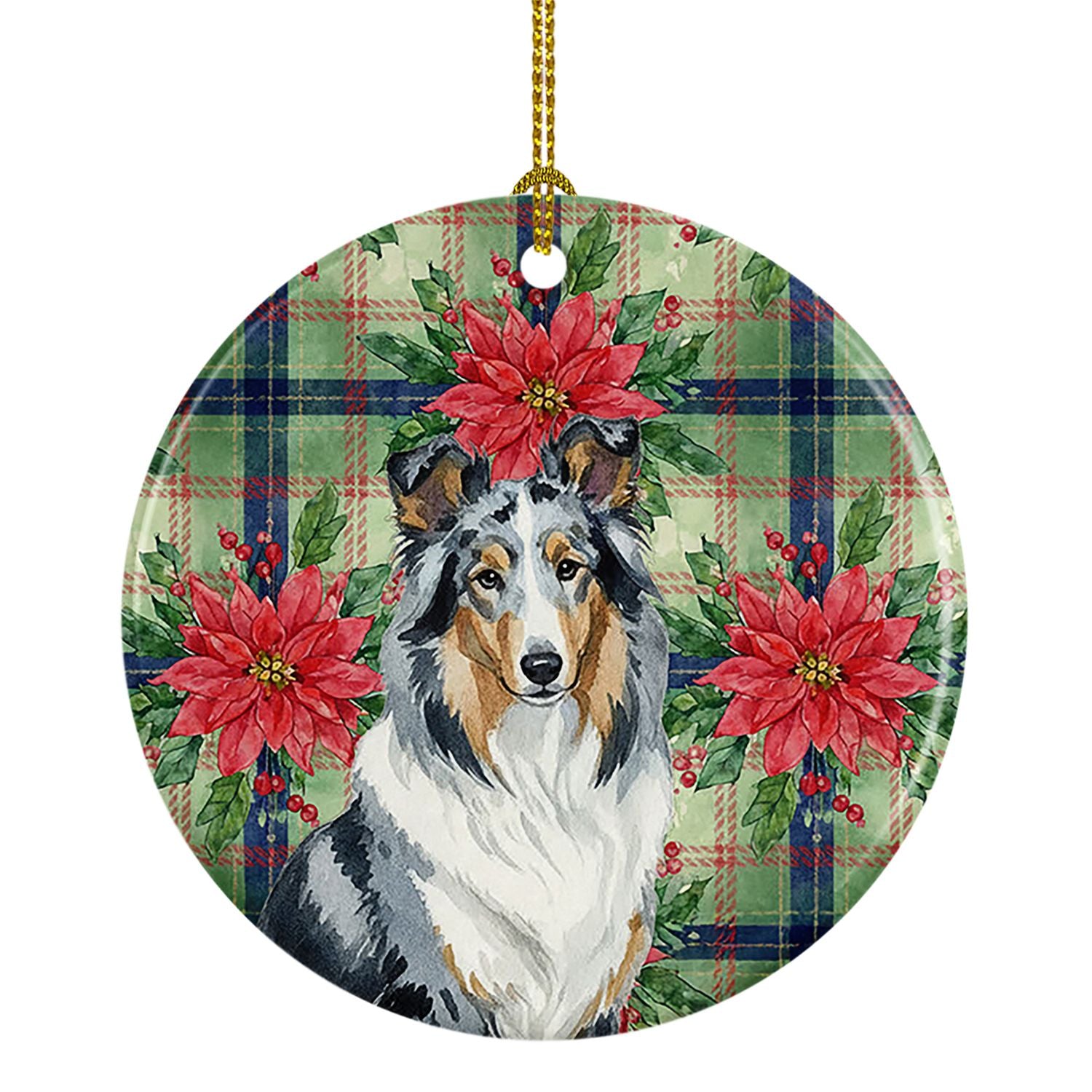 Blue Merle Collie Christmas PoinsettIas Ceramic Ornament Christmas Tree Hanging Decorations for Home Christmas Holiday, Party, G