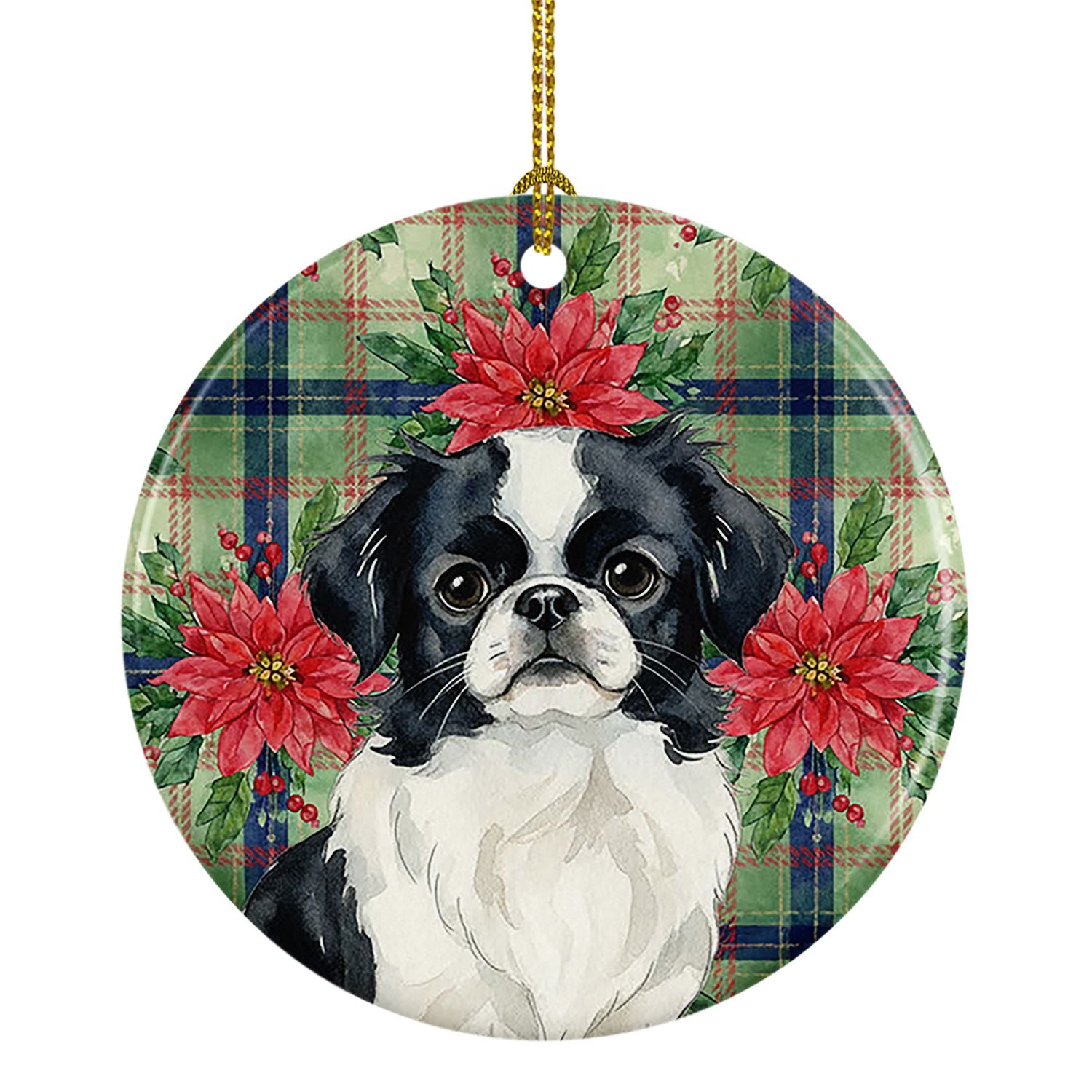 Black and White Japanese Chin Christmas PoinsettIas Ceramic Ornament Christmas Tree Hanging Decorations for Home Christmas Holid