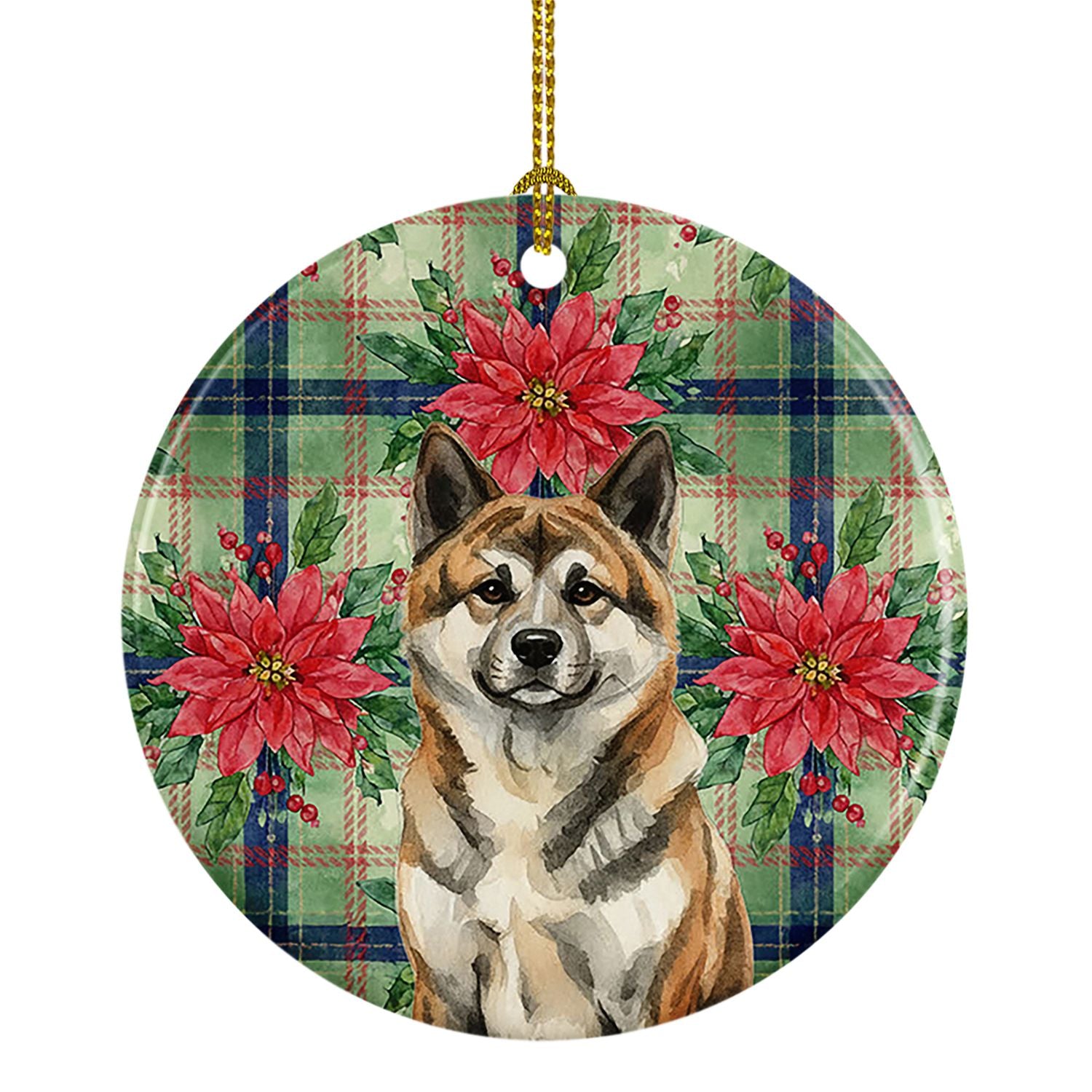 Brindle Akita Christmas PoinsettIas Ceramic Ornament Christmas Tree Hanging Decorations for Home Christmas Holiday, Party, Gift,