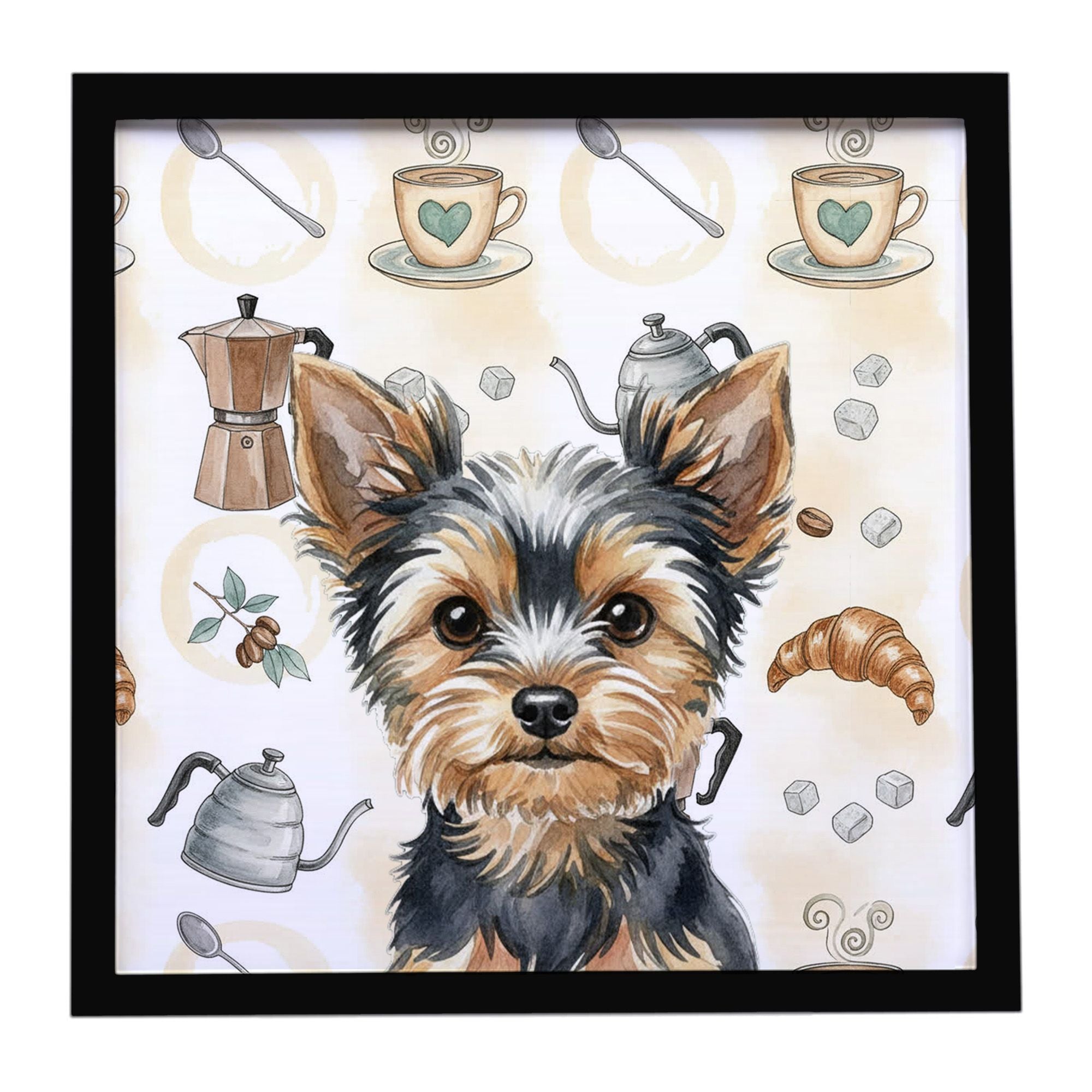 Black and Tan Yorkshire Terrier Coffee Bar Framed Metal Print Bathroom, Kitchen, Office, Home Decor Wall Art Ready to Hang, Squa