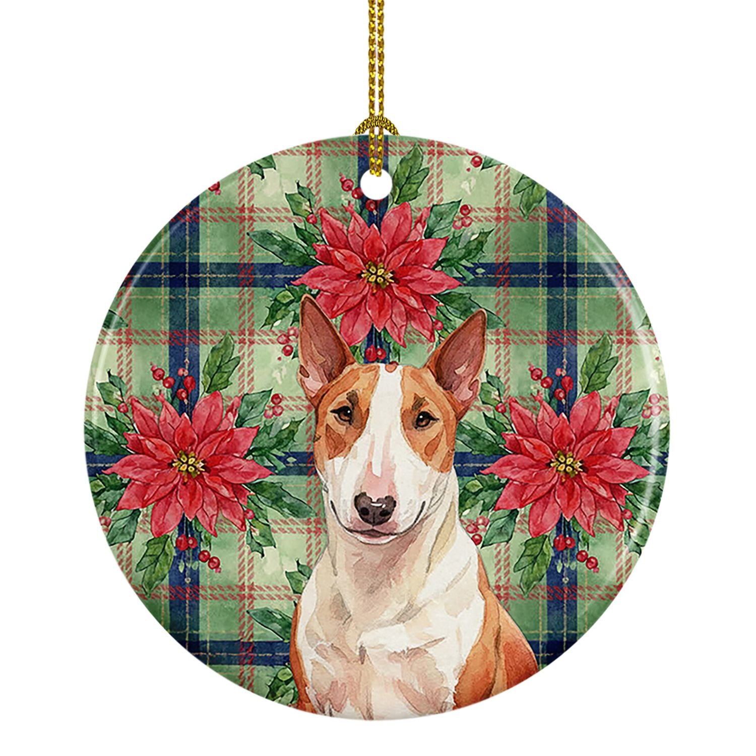Red and White Bull Terrier Christmas PoinsettIas Ceramic Ornament Christmas Tree Hanging Decorations for Home Christmas Holiday,