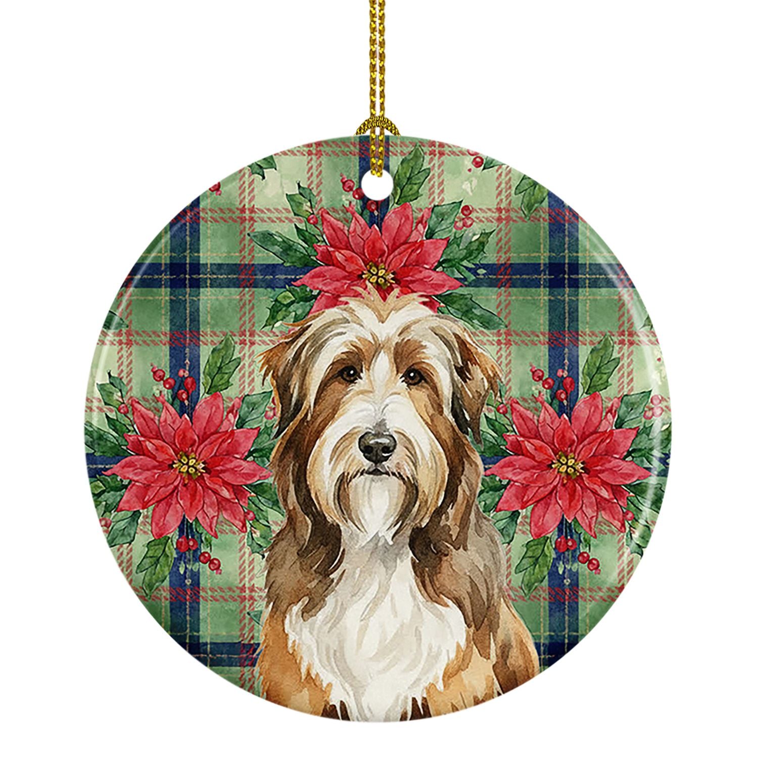 Brown Bearded Collie Christmas PoinsettIas Ceramic Ornament Christmas Tree Hanging Decorations for Home Christmas Holiday, Party