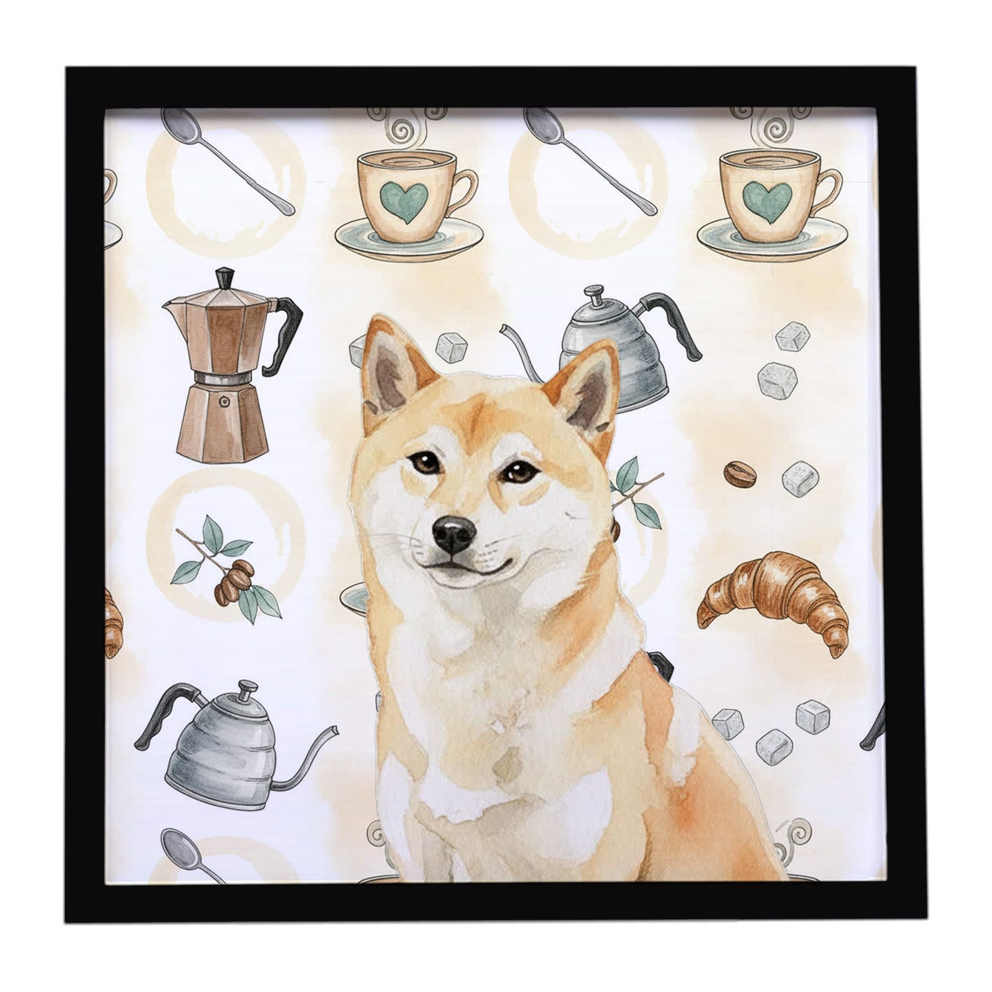Cream Shiba Inu Coffee Bar Framed Metal Print Bathroom, Kitchen, Office, Home Decor Wall Art Ready to Hang, Square, 8X8