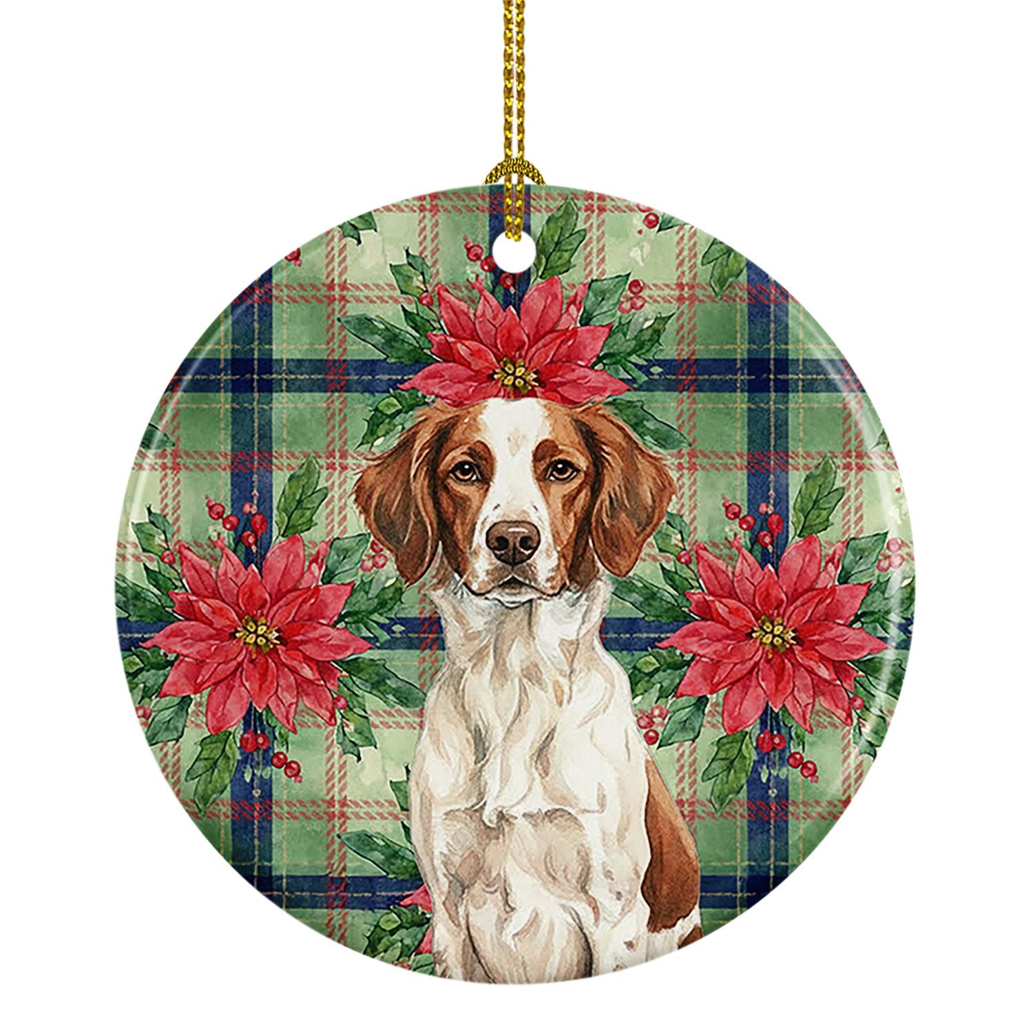 Liver and White Brittany Christmas PoinsettIas Ceramic Ornament Christmas Tree Hanging Decorations for Home Christmas Holiday, P