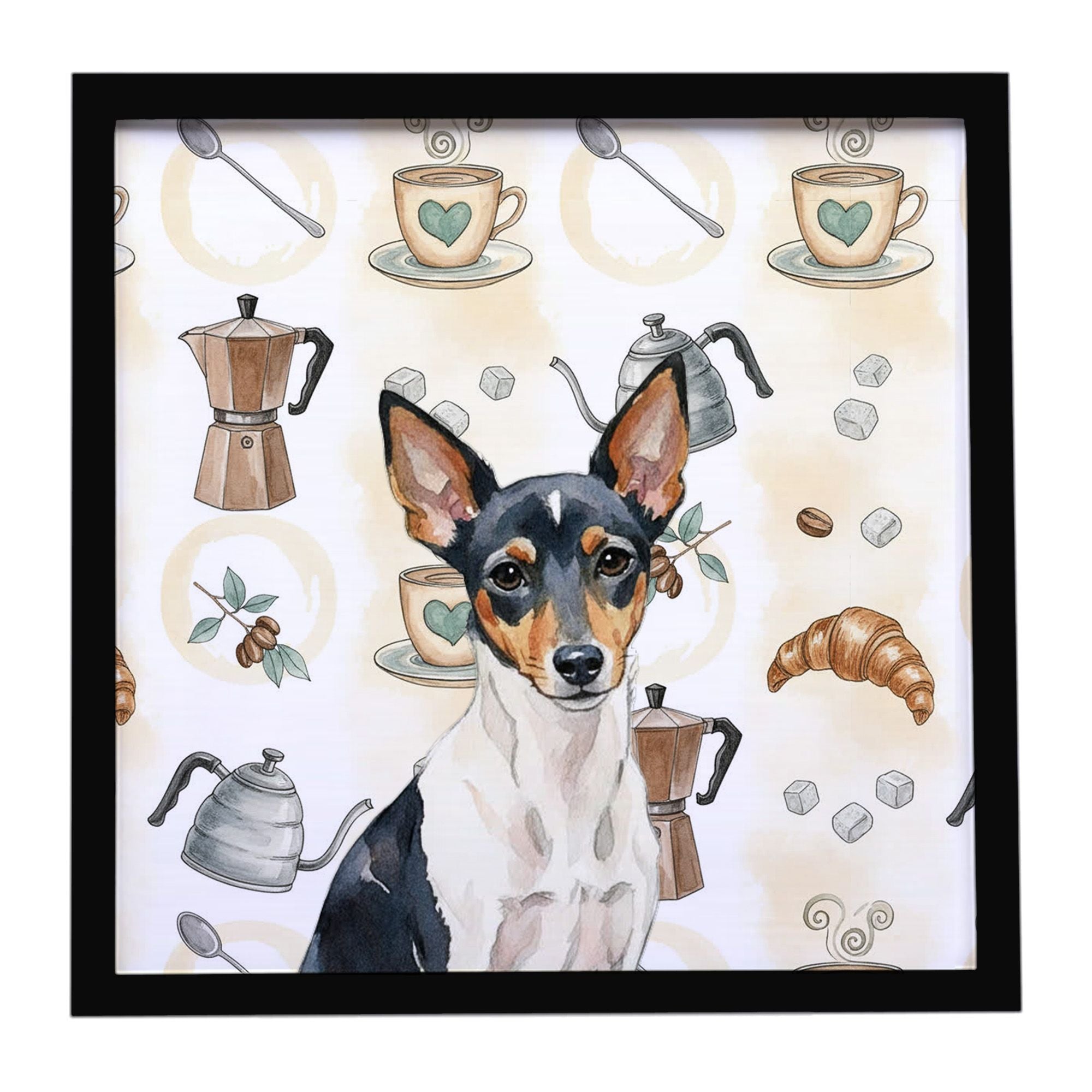 Toy Fox Terrier Coffee Bar Framed Metal Print Bathroom, Kitchen, Office, Home Decor Wall Art Ready to Hang, Square, 8X8